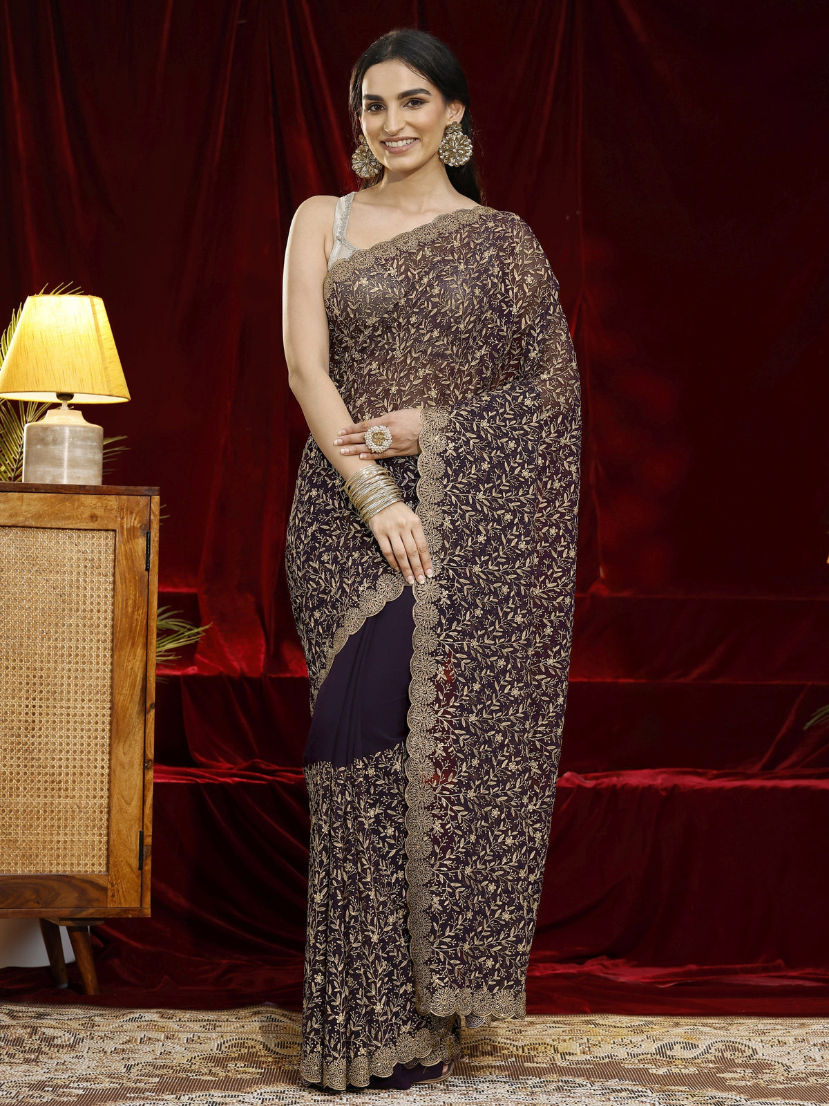 Anouk Purple Floral Embroidered Georgette Saree