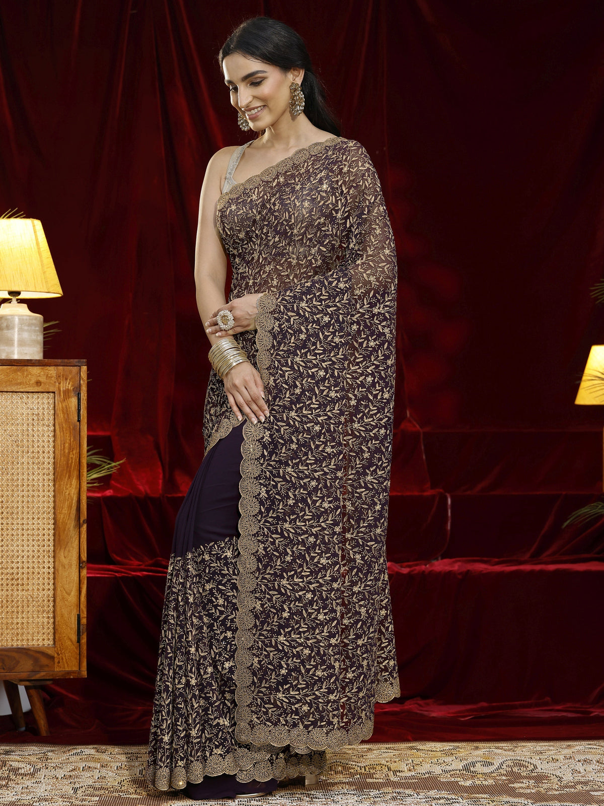 Anouk Purple Floral Embroidered Georgette Saree