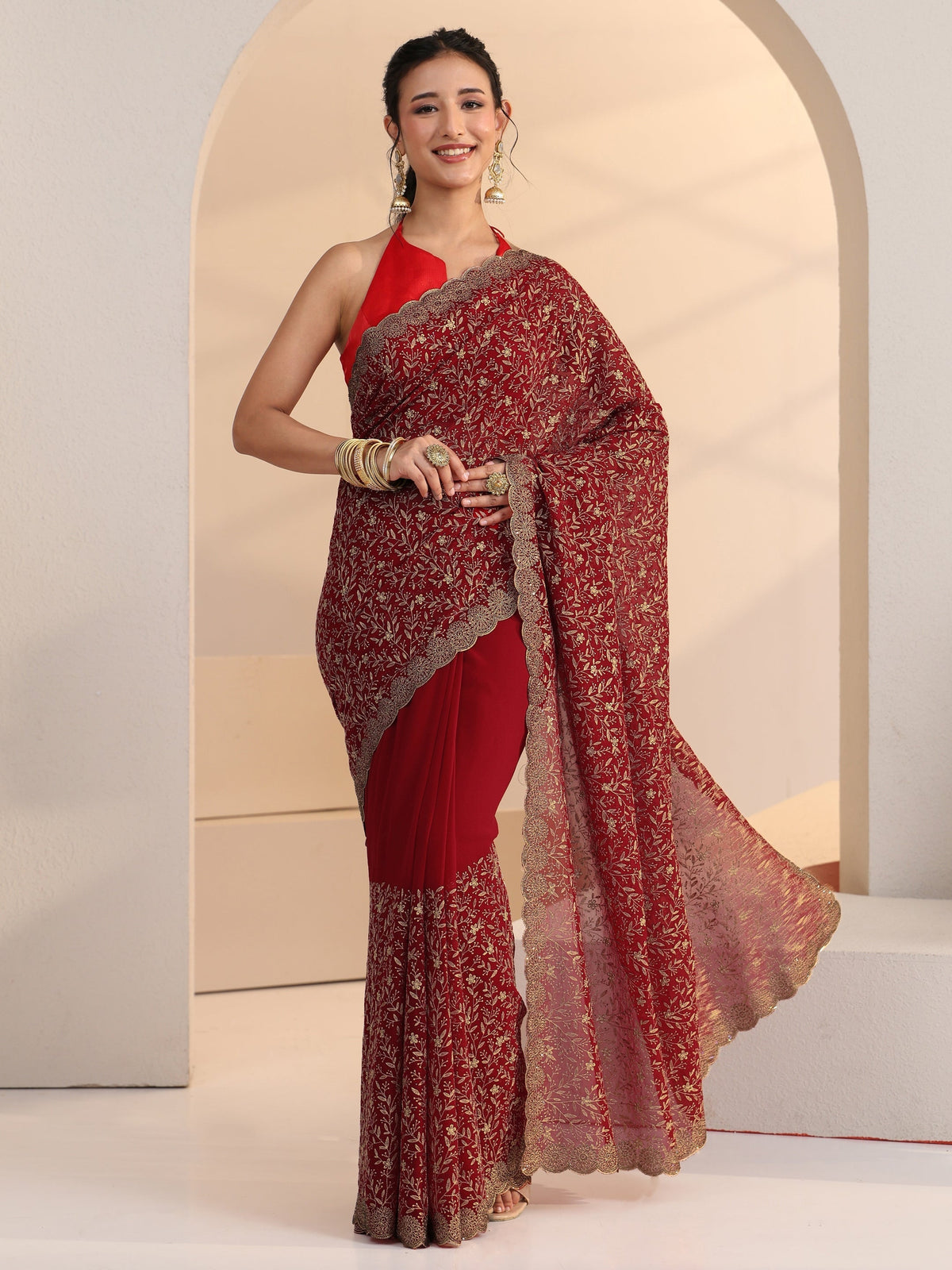 Anouk Carmine Red Floral Embroidered Georgette Saree