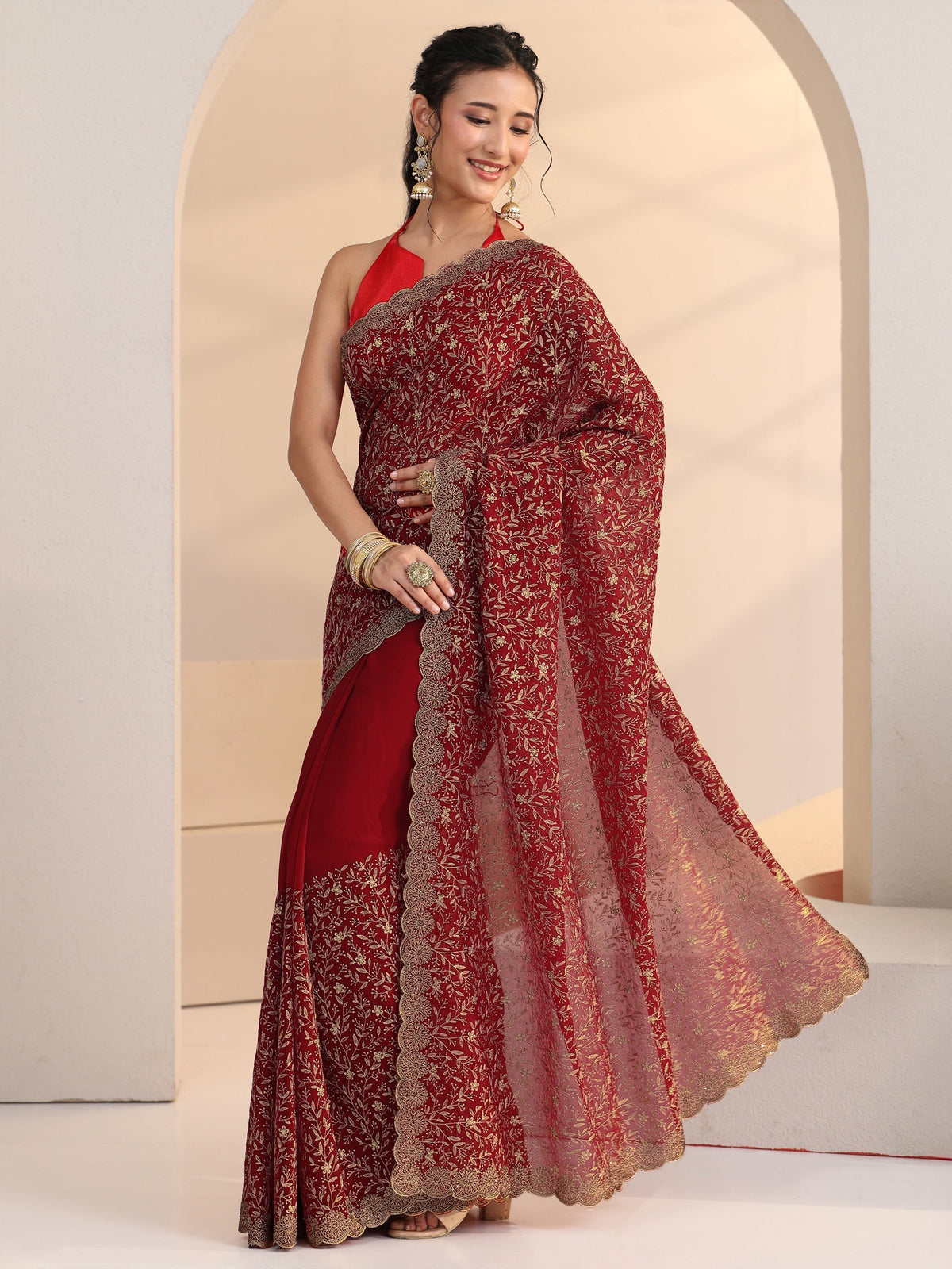 Anouk Carmine Red Floral Embroidered Georgette Saree