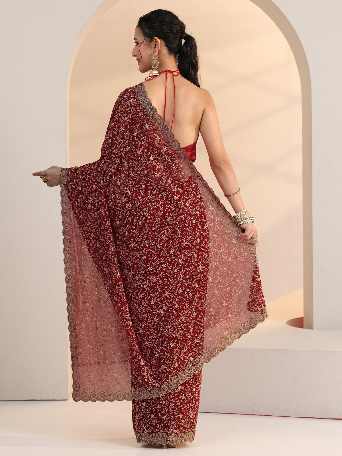 Anouk Carmine Red Floral Embroidered Georgette Saree