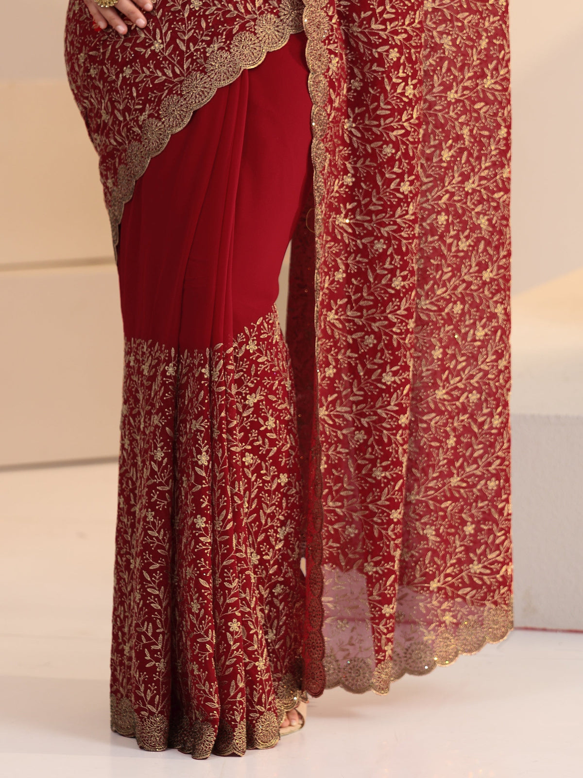 Anouk Carmine Red Floral Embroidered Georgette Saree