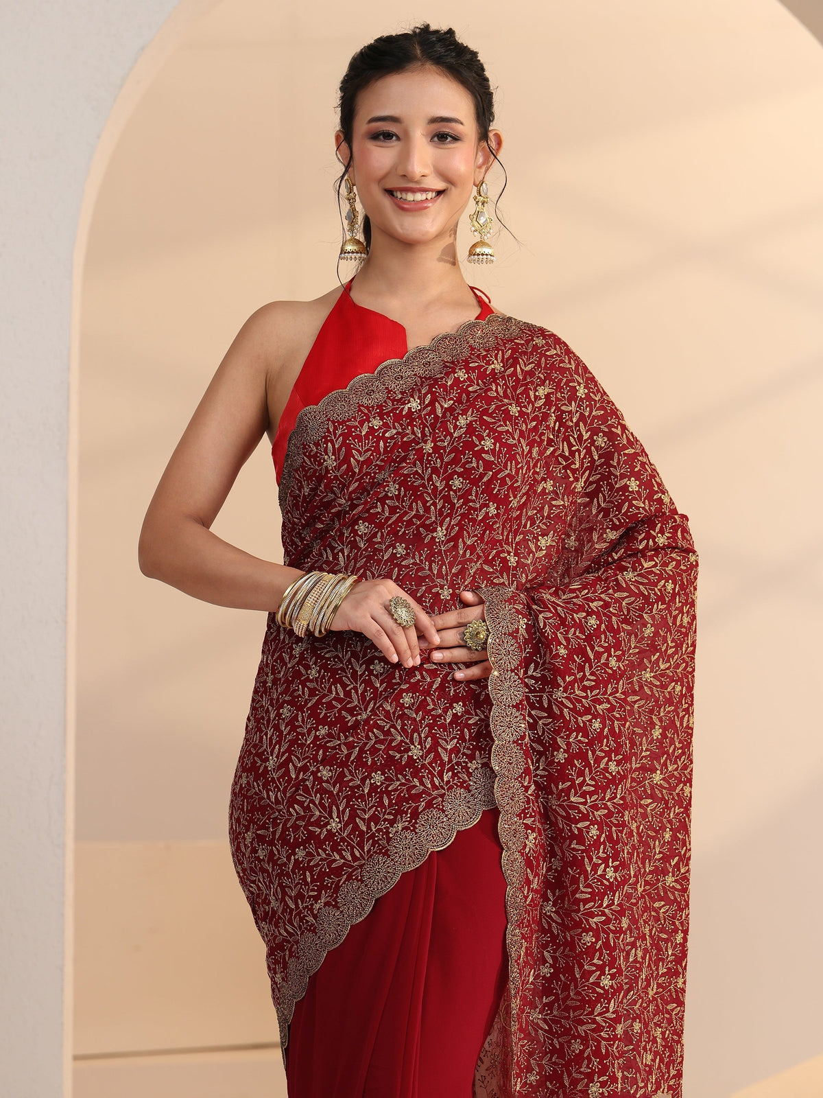 Anouk Carmine Red Floral Embroidered Georgette Saree