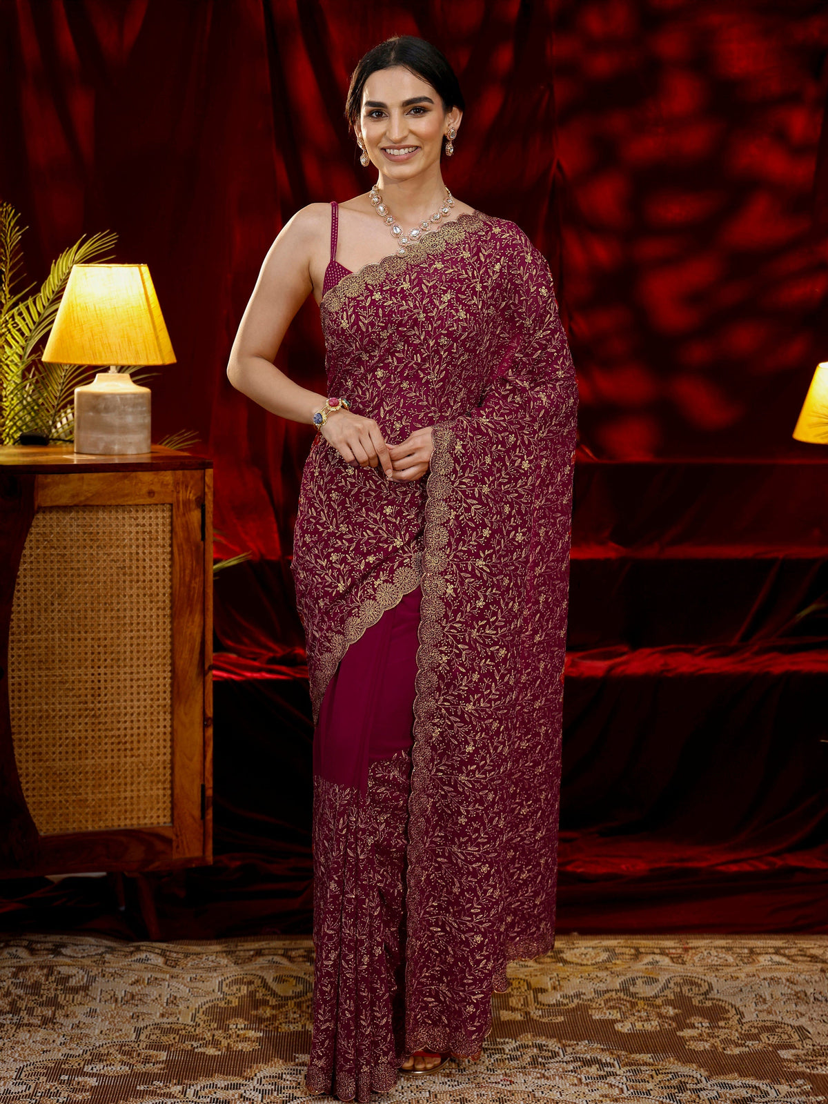 Anouk Pink Floral Embroidered Georgette Saree