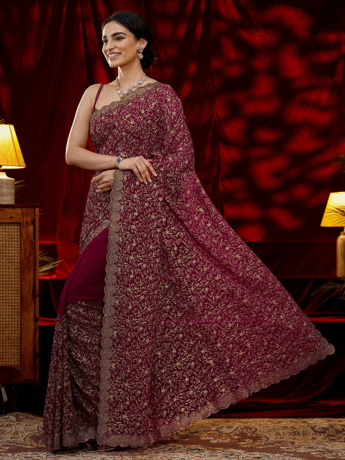 Anouk Pink Floral Embroidered Georgette Saree