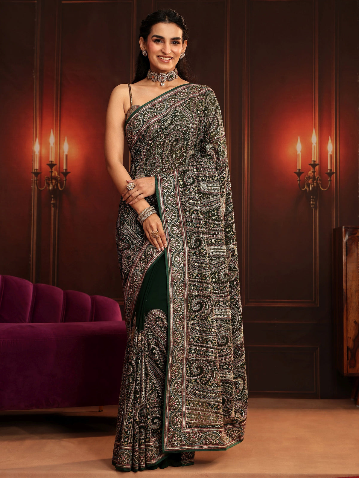 Anouk Art Bottle Green Embroidered Georgette Saree