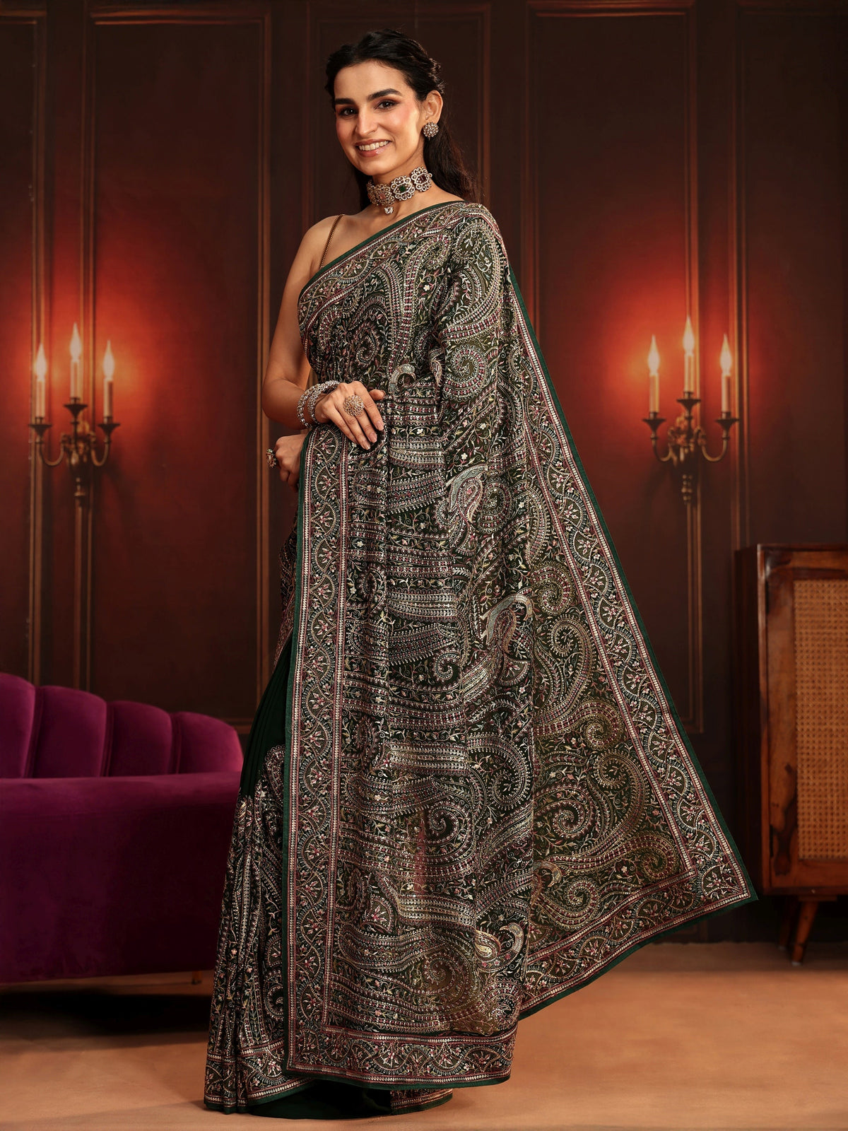 Anouk Art Bottle Green Embroidered Georgette Saree