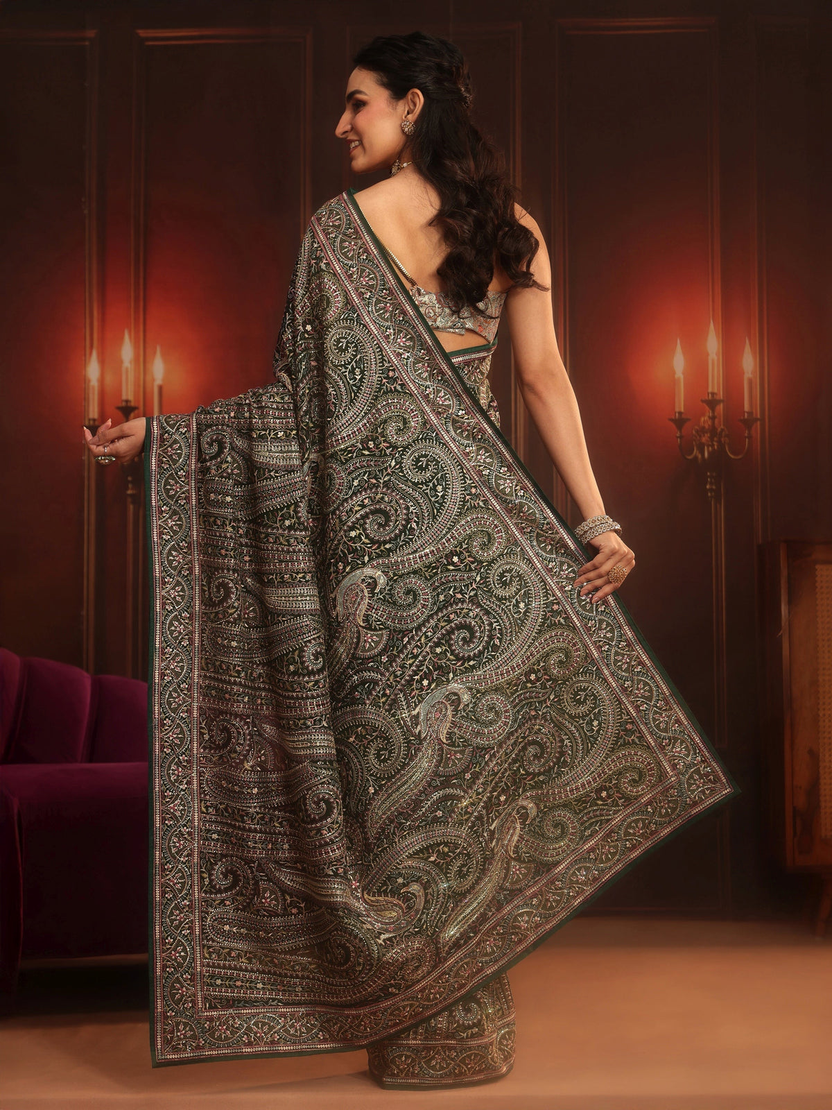 Anouk Art Bottle Green Embroidered Georgette Saree