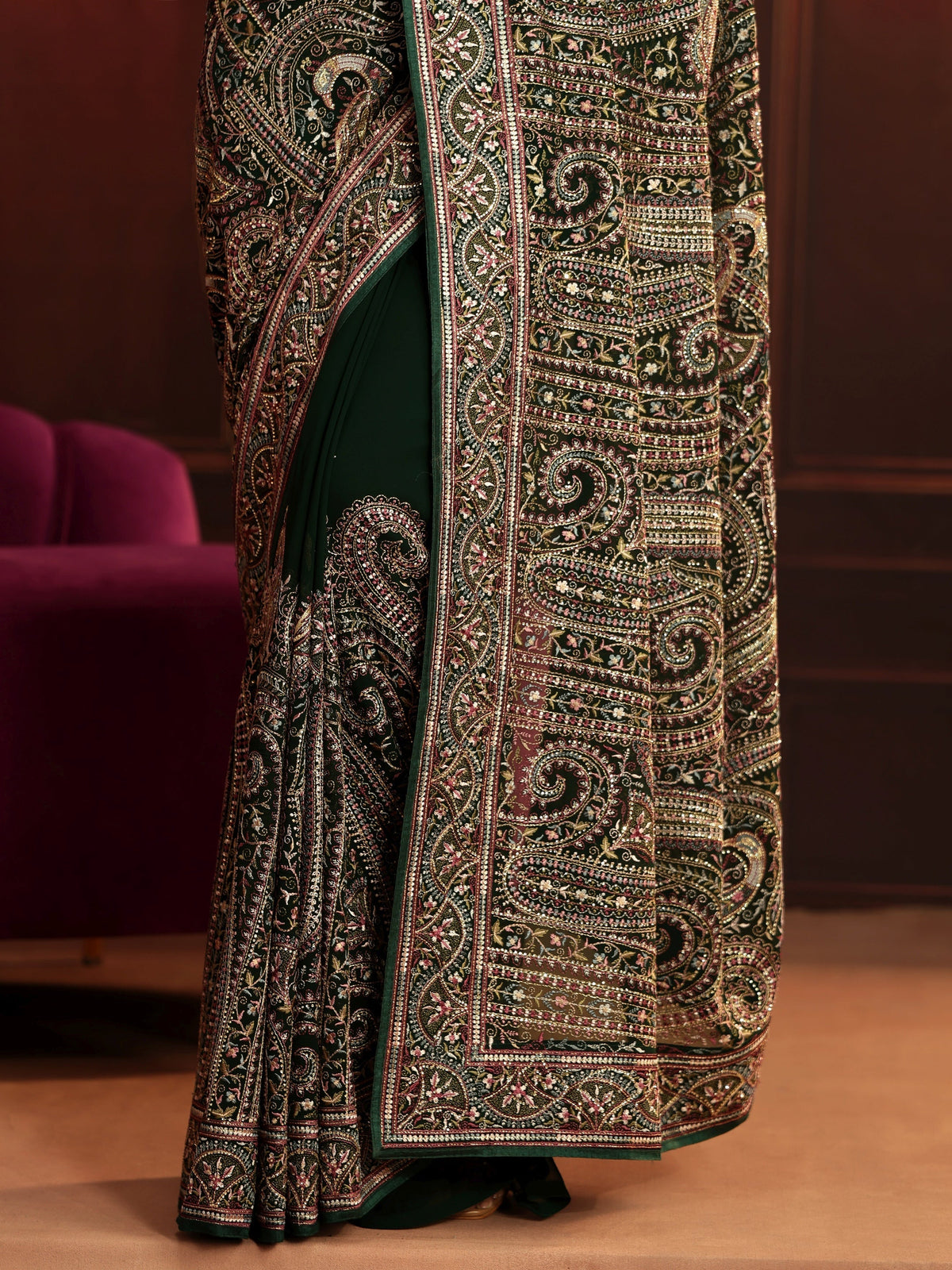 Anouk Art Bottle Green Embroidered Georgette Saree