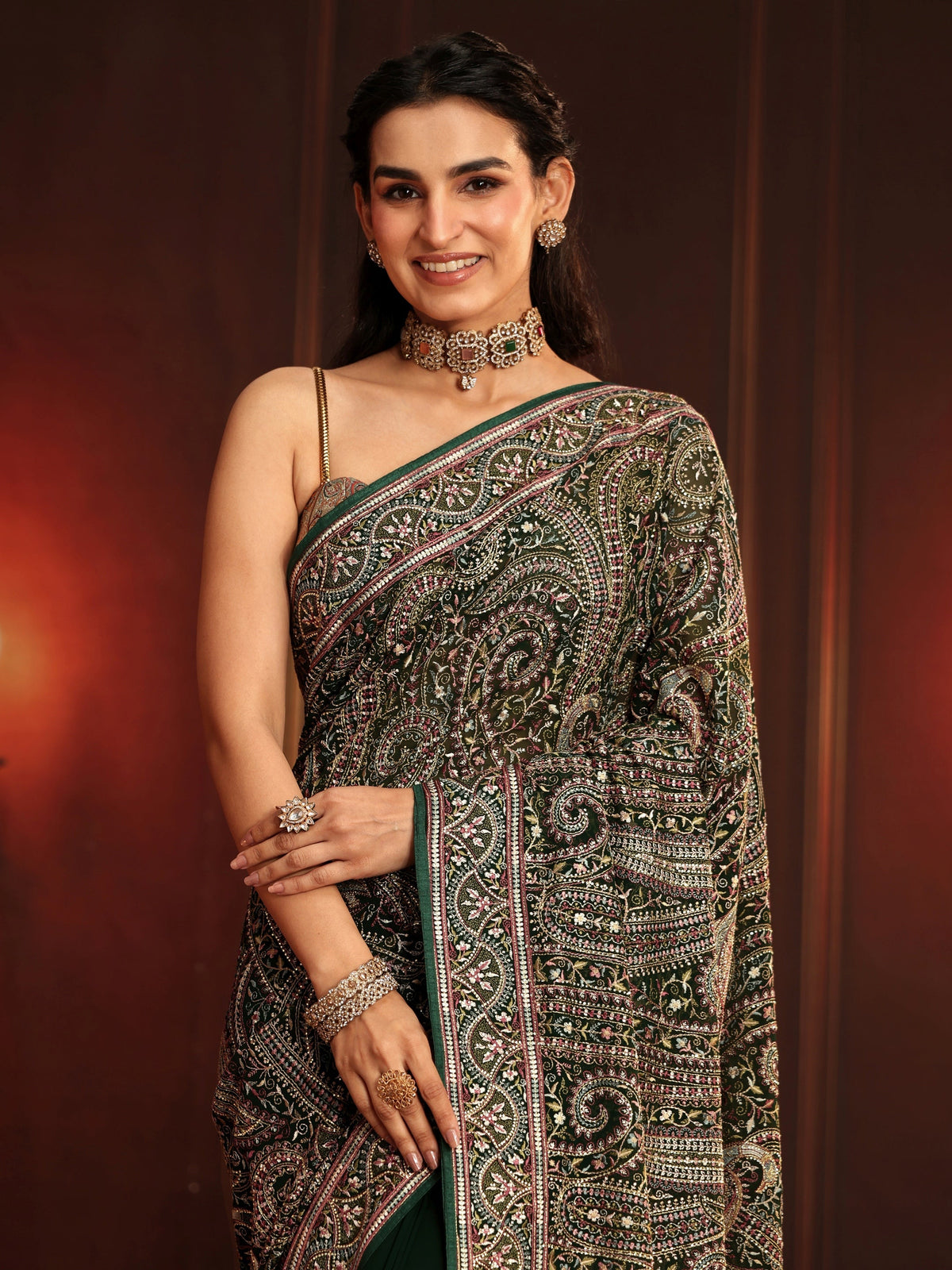 Anouk Art Bottle Green Embroidered Georgette Saree