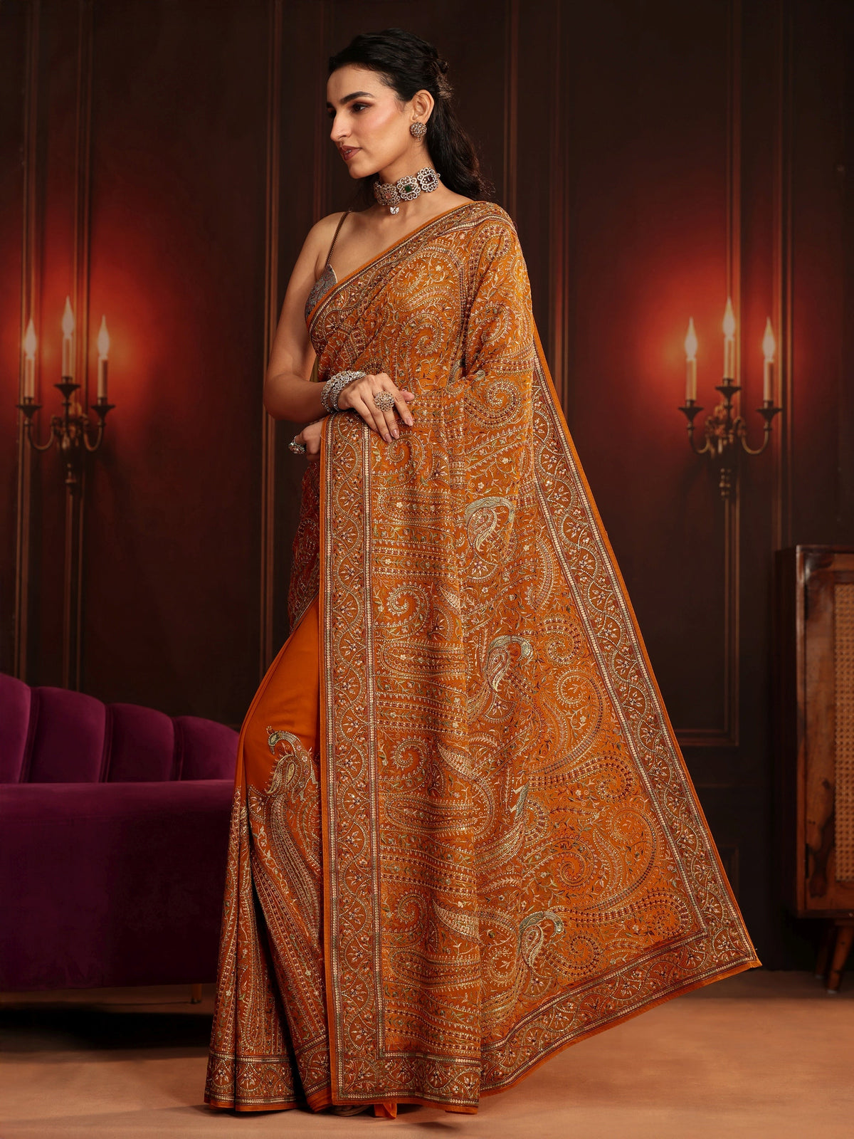 Anouk Art Orange Embroidered Georgette Saree
