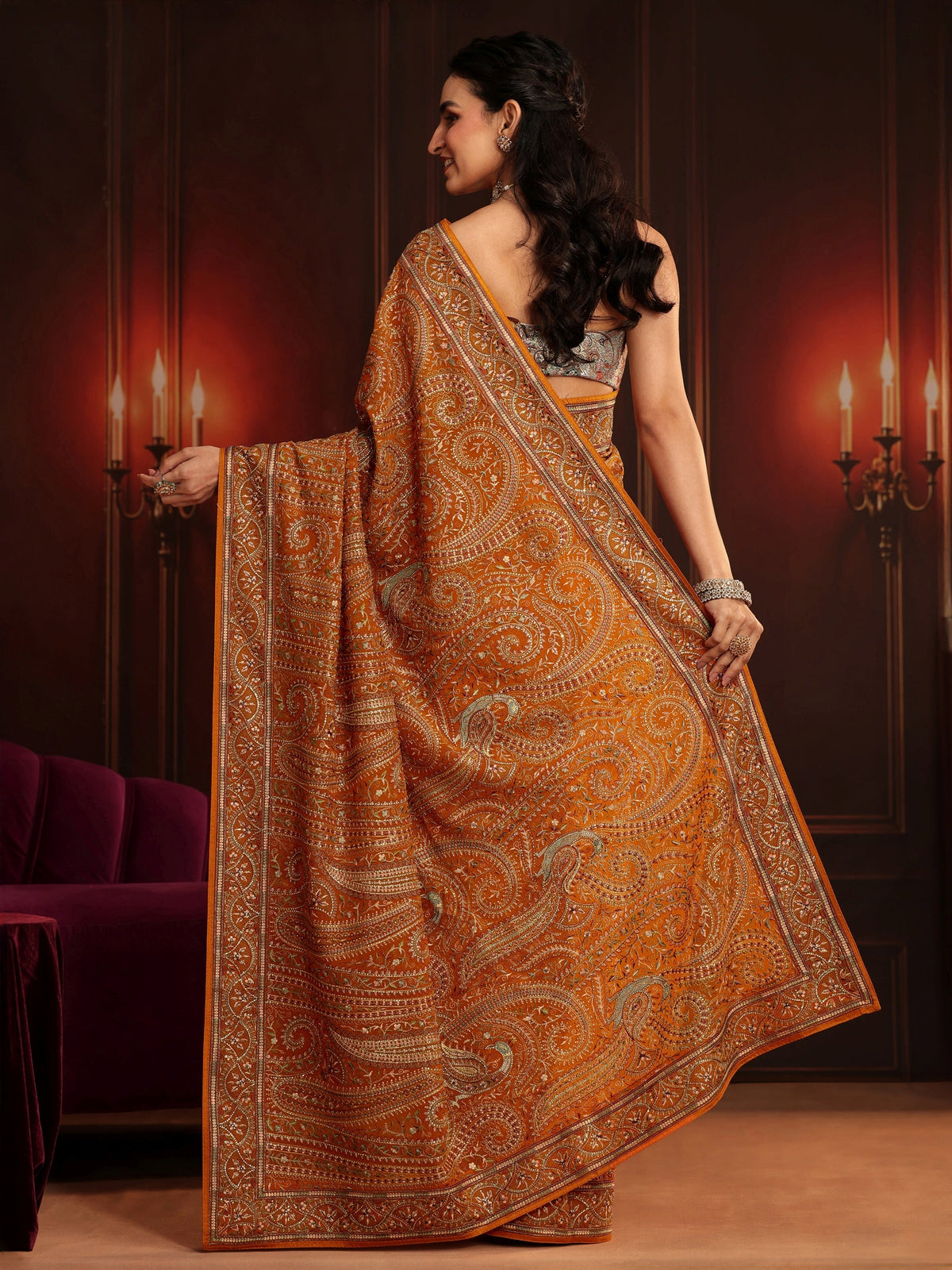 Anouk Art Orange Embroidered Georgette Saree