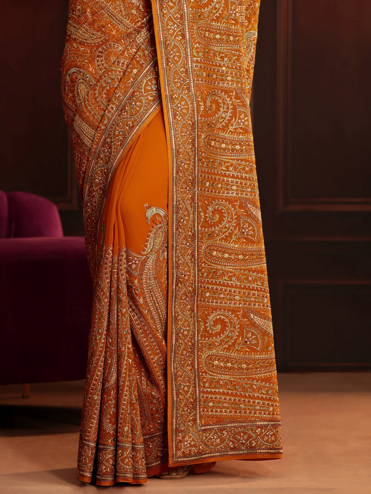 Anouk Art Orange Embroidered Georgette Saree