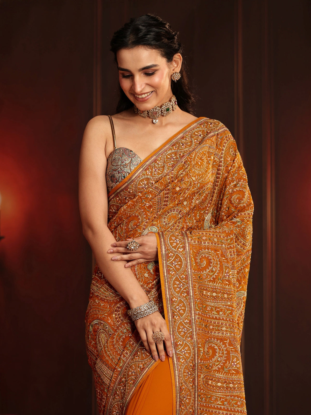 Anouk Art Orange Embroidered Georgette Saree