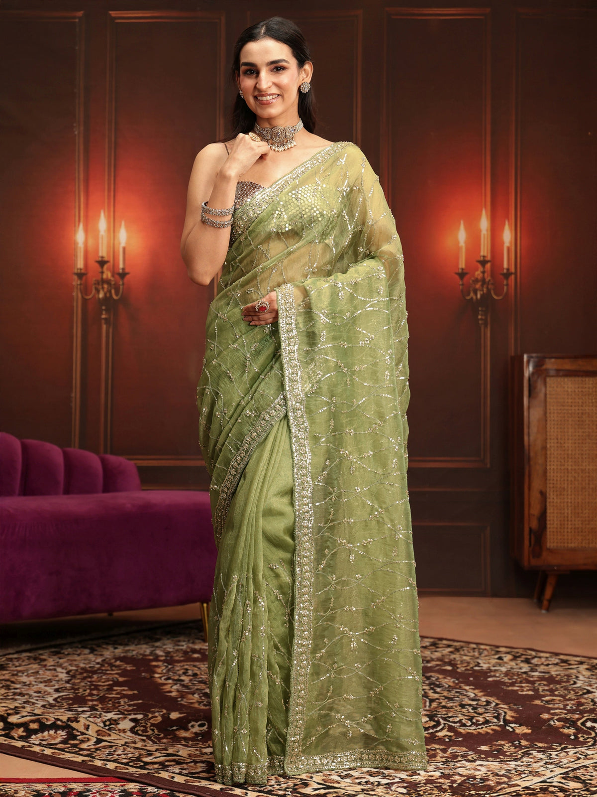 Anouk Art Pista Green Embellished Tissue Saree