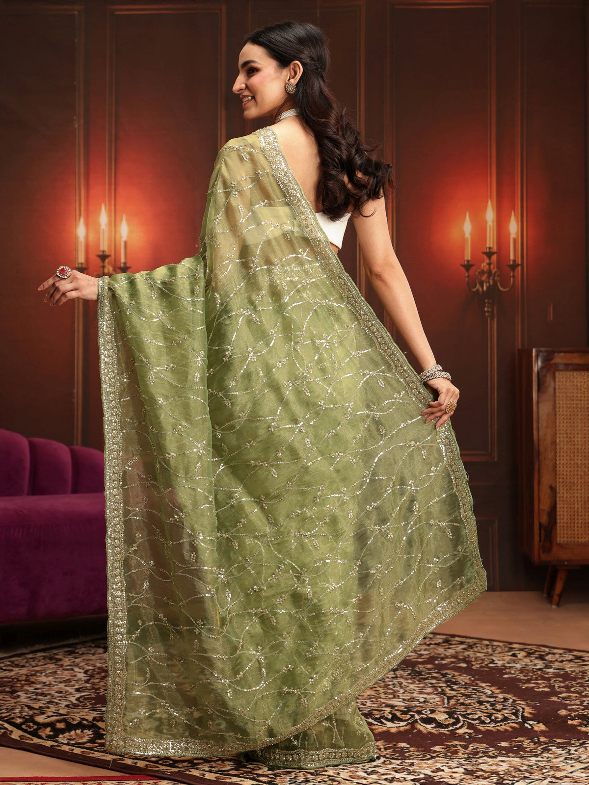 Anouk Art Pista Green Embellished Tissue Saree