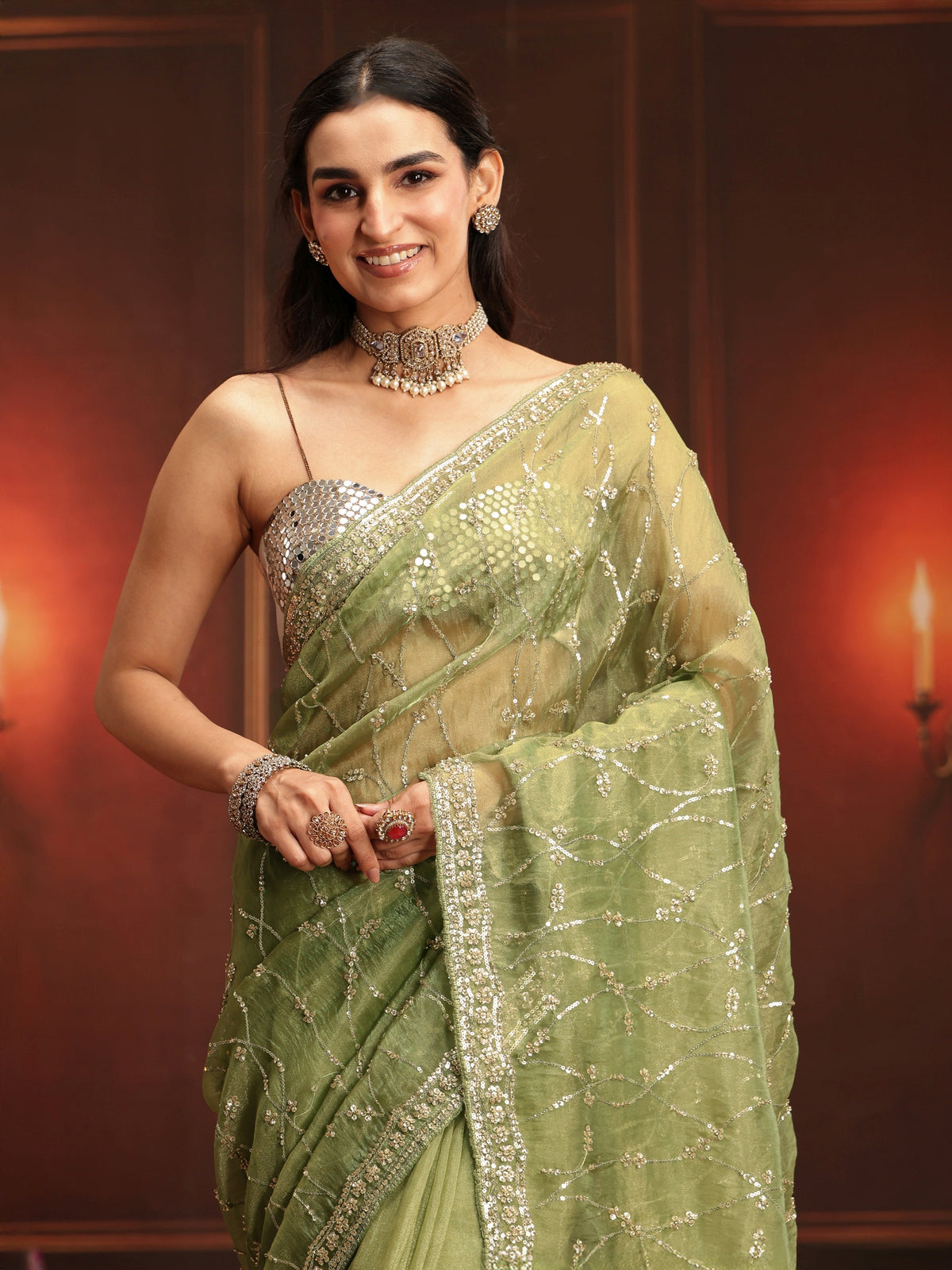 Anouk Art Pista Green Embellished Tissue Saree