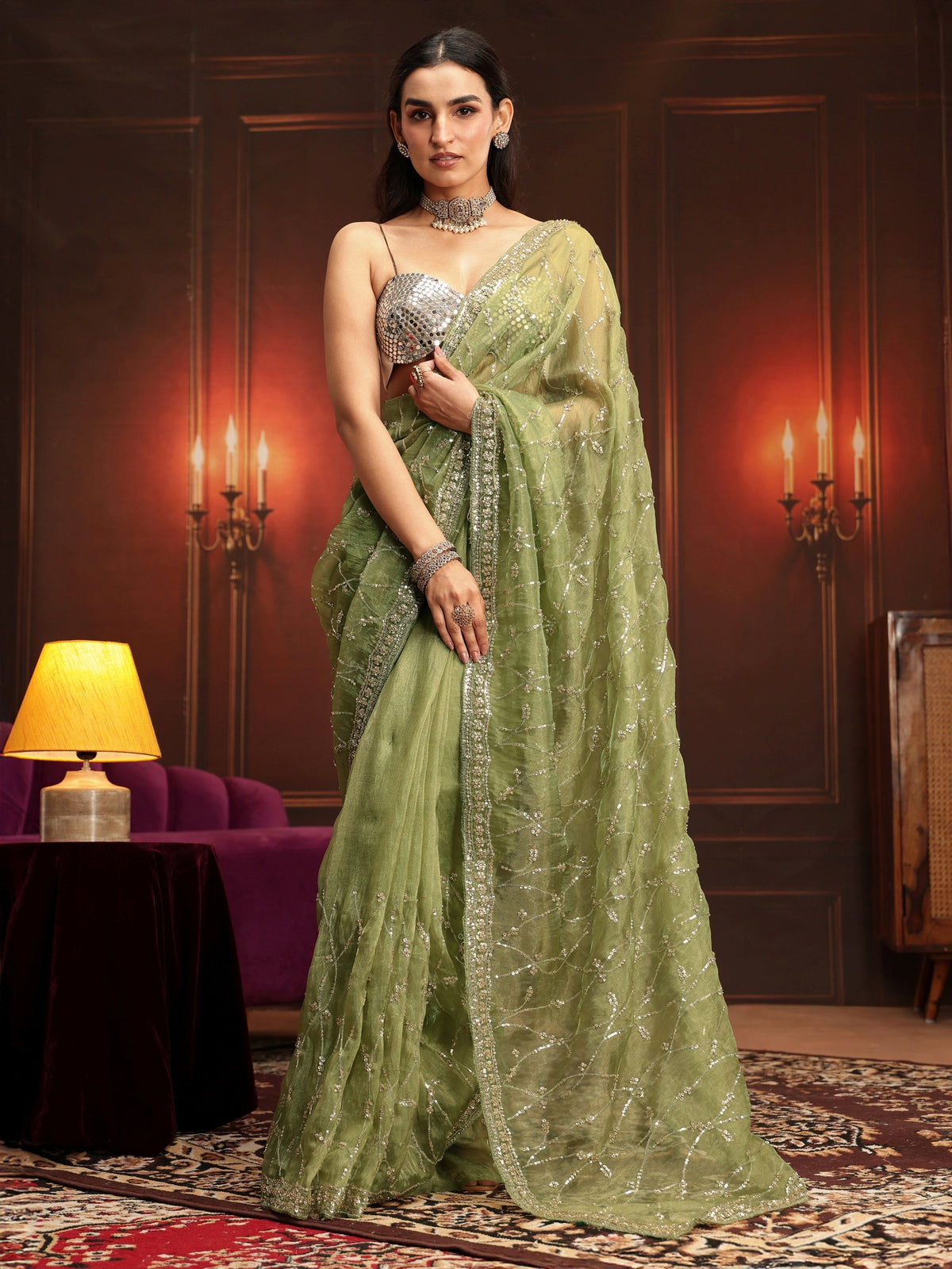 Anouk Art Pista Green Embellished Tissue Saree