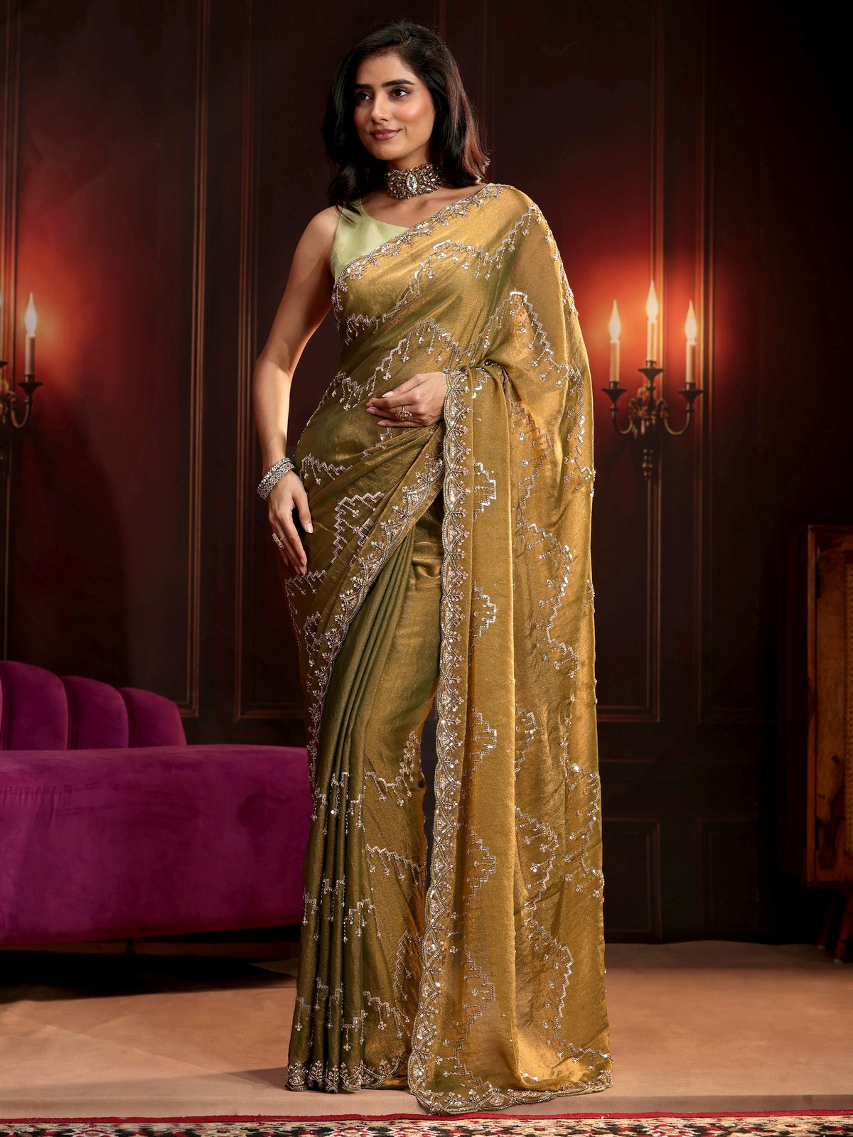 Anouk Art Dusty Olive Green Embellished Tissue Saree