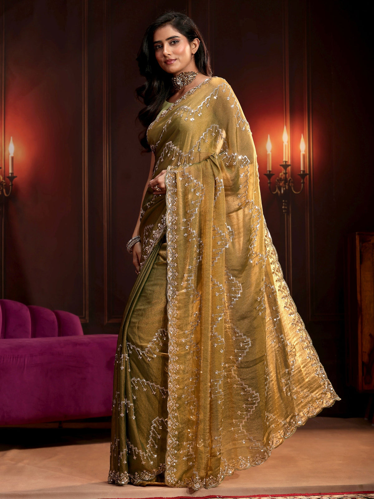Anouk Art Dusty Olive Green Embellished Tissue Saree