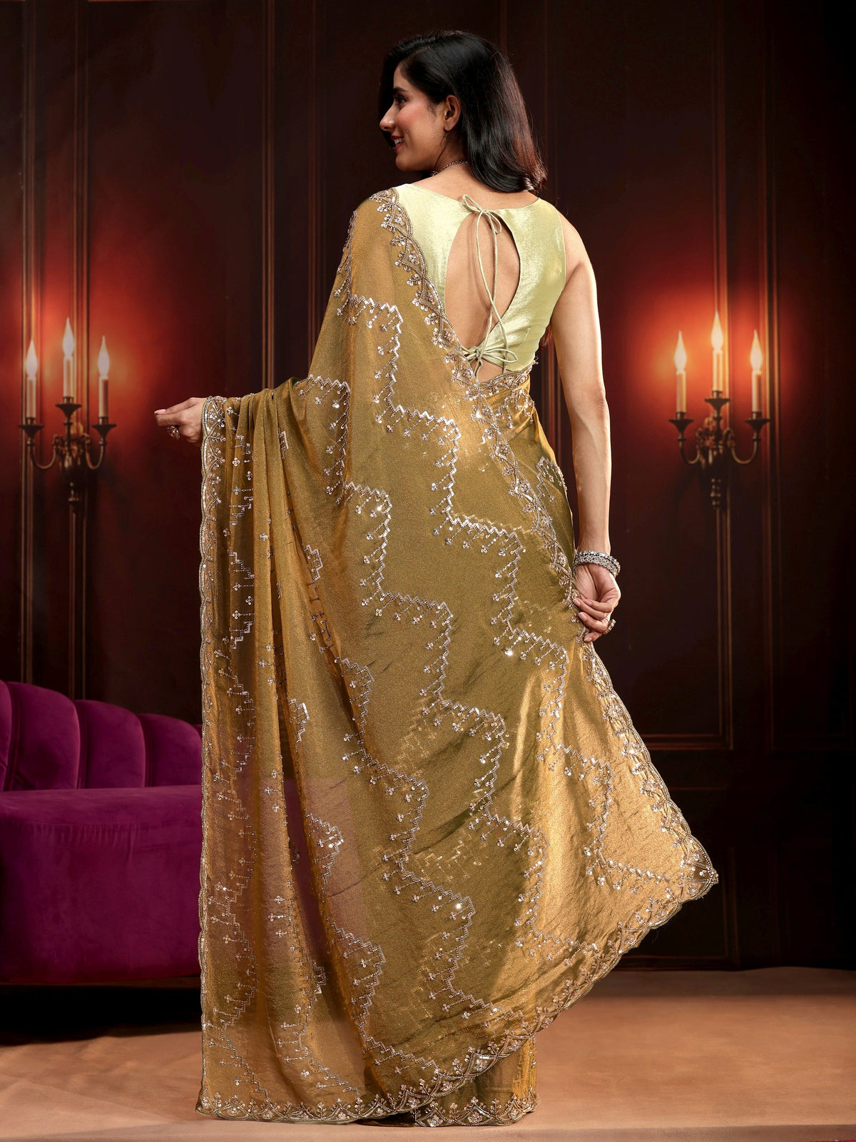 Anouk Art Dusty Olive Green Embellished Tissue Saree