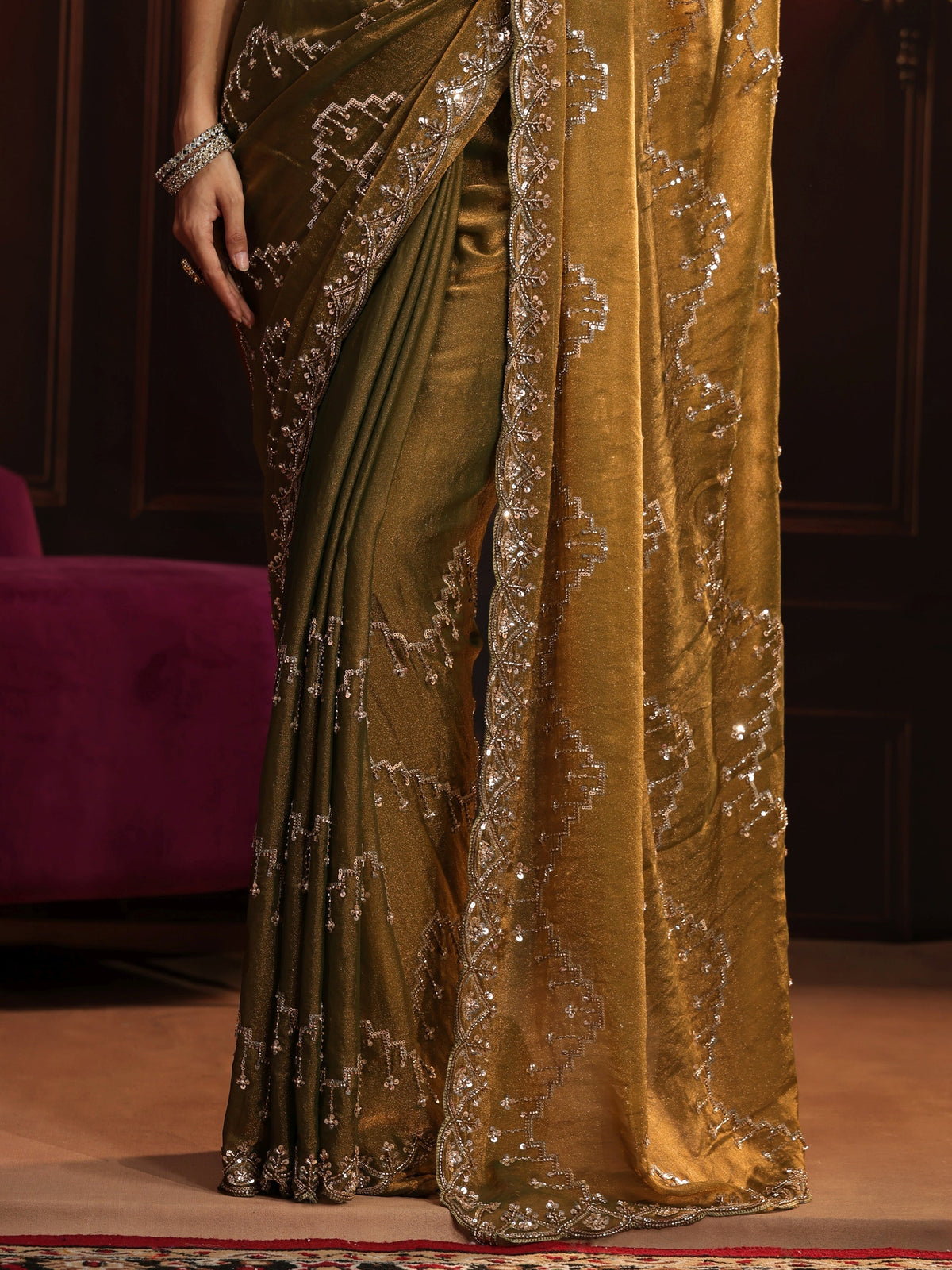 Anouk Art Dusty Olive Green Embellished Tissue Saree