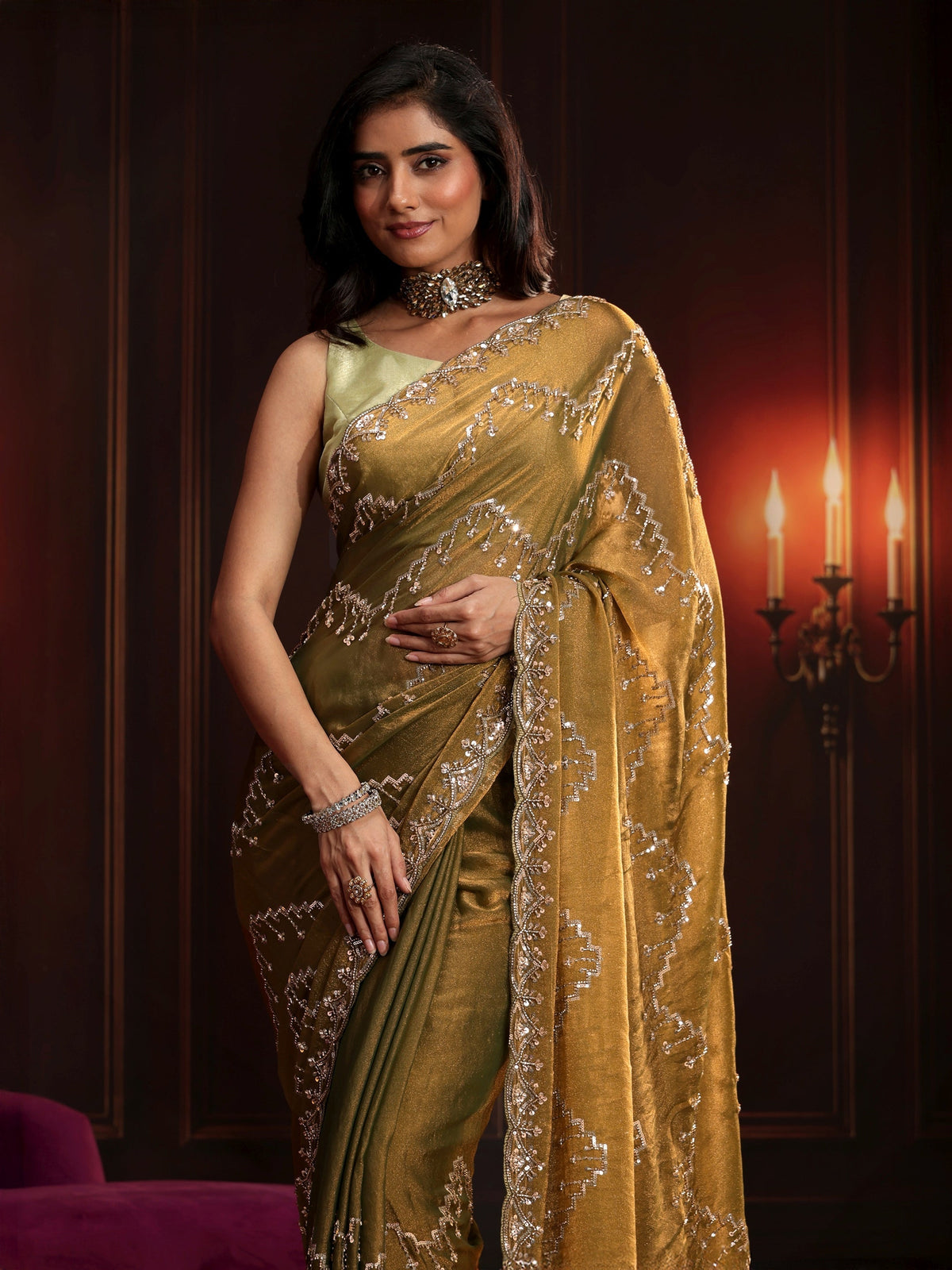 Anouk Art Dusty Olive Green Embellished Tissue Saree