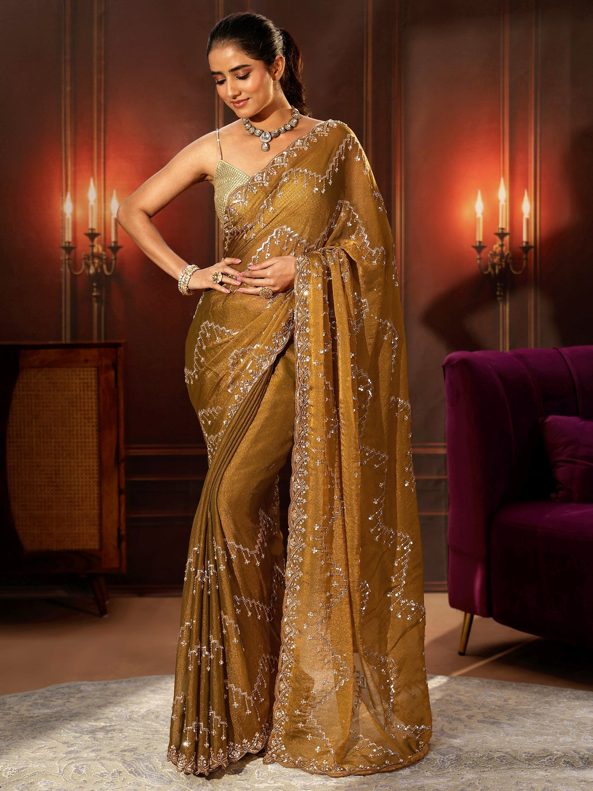 Anouk Art Rust Brown Embellished Tissue Saree