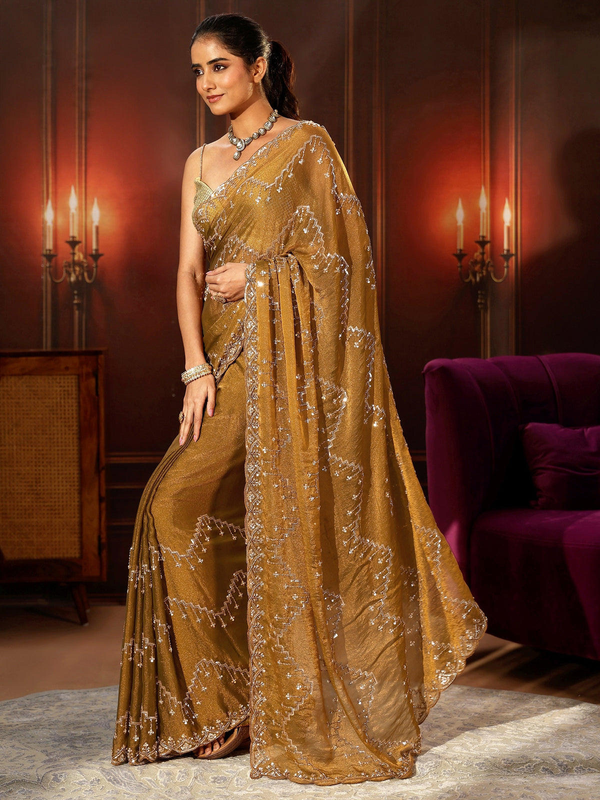 Anouk Art Rust Brown Embellished Tissue Saree