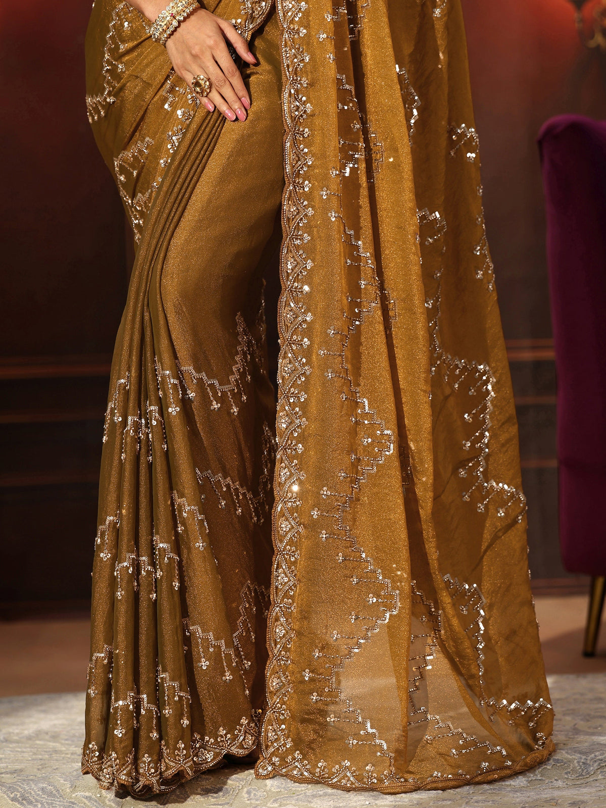 Anouk Art Rust Brown Embellished Tissue Saree