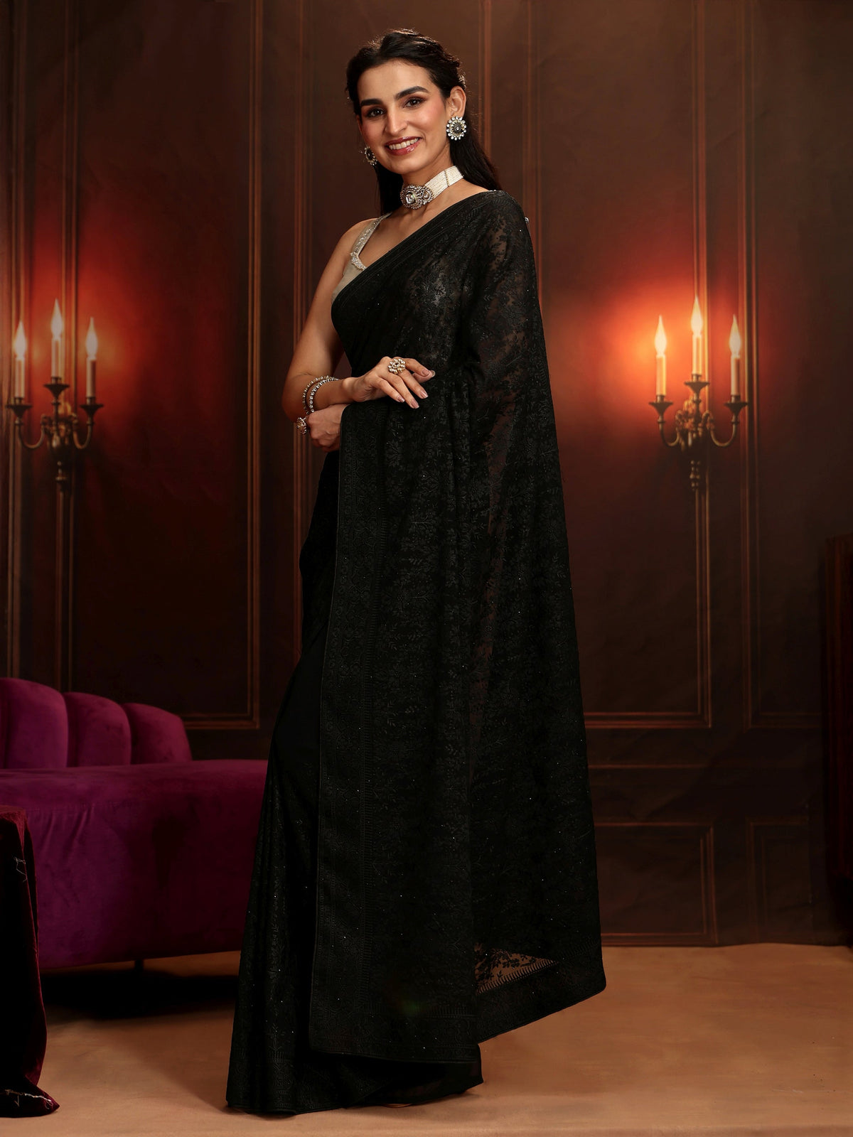 Anouk Art Black Floral Embroidered Georgette Saree
