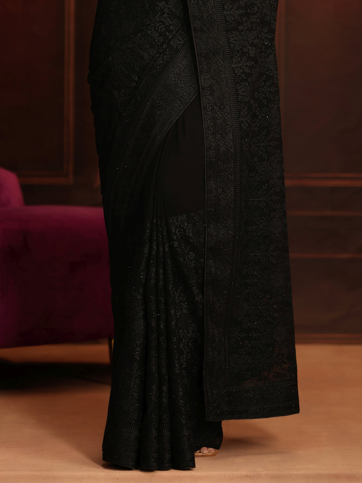 Anouk Art Black Floral Embroidered Georgette Saree