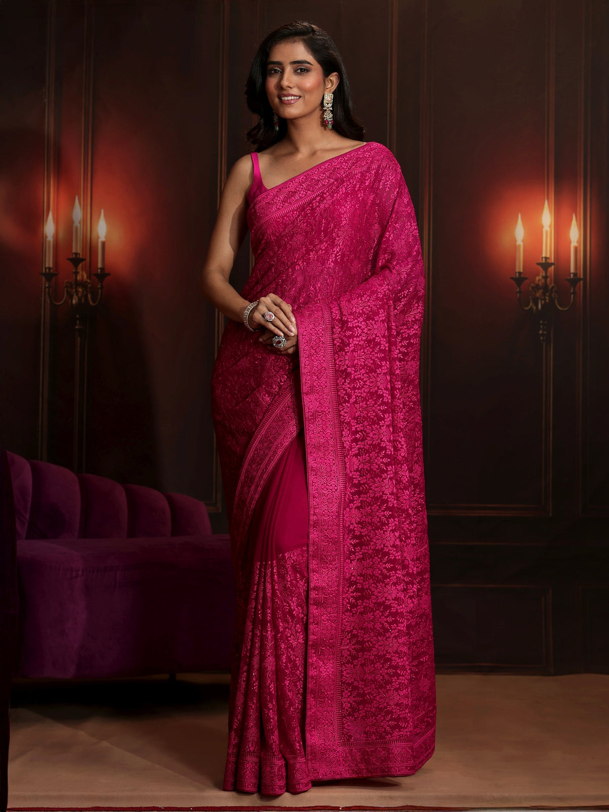 Anouk Art Rani Pink Floral Embroidered Georgette Saree