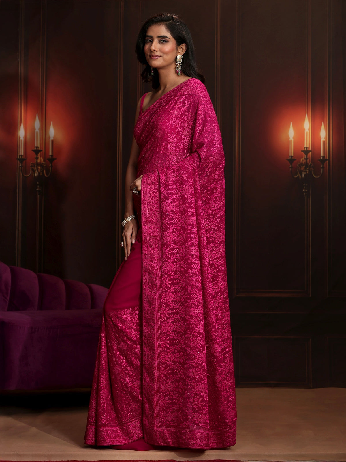 Anouk Art Rani Pink Floral Embroidered Georgette Saree