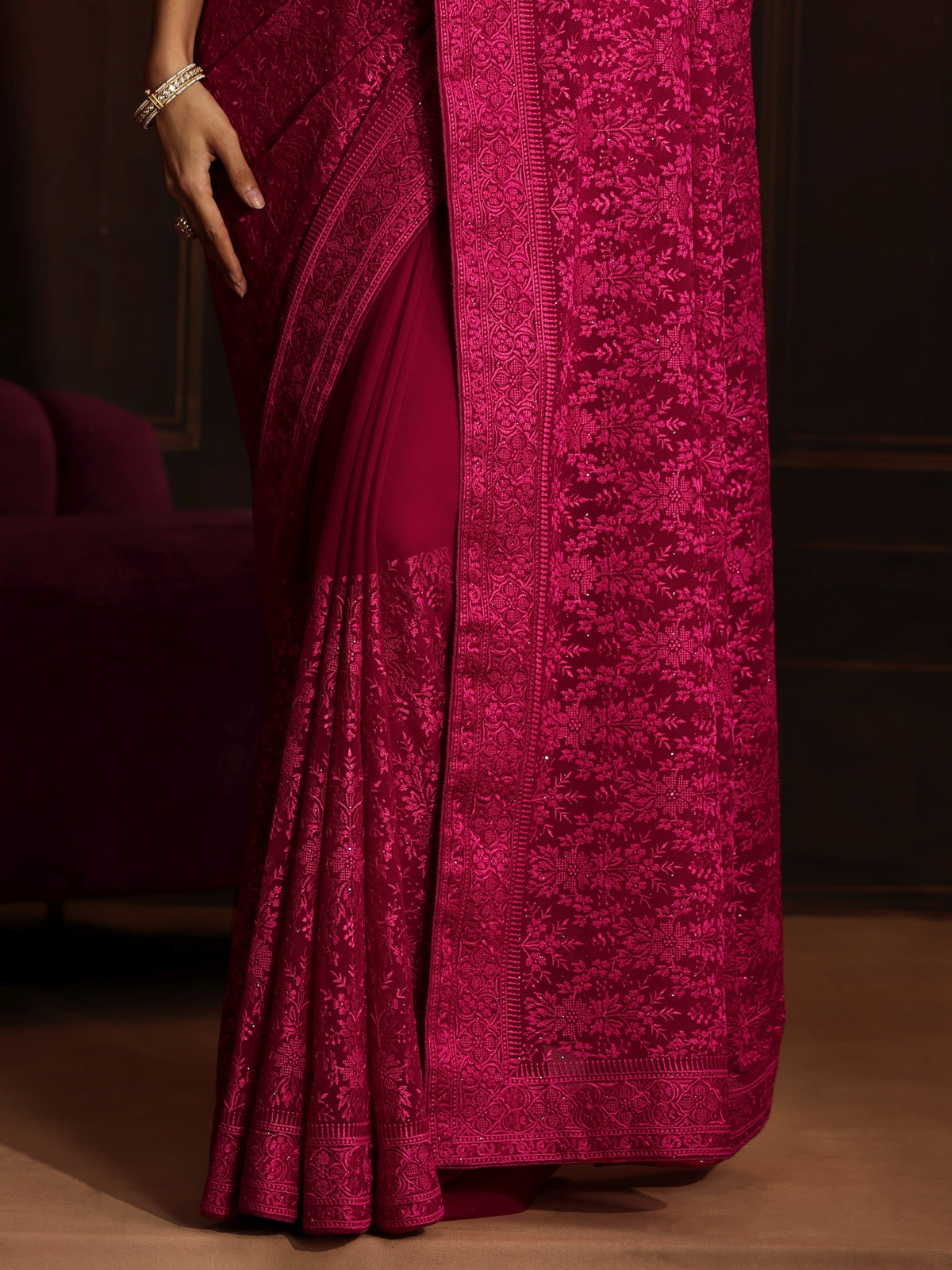 Anouk Art Rani Pink Floral Embroidered Georgette Saree
