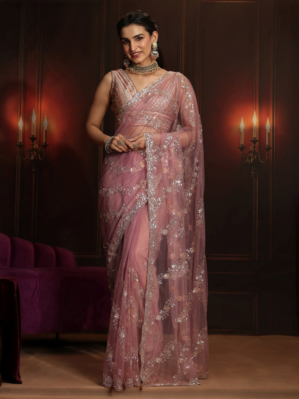 Anouk Art Dusty Rose Pink Embellished Net Saree