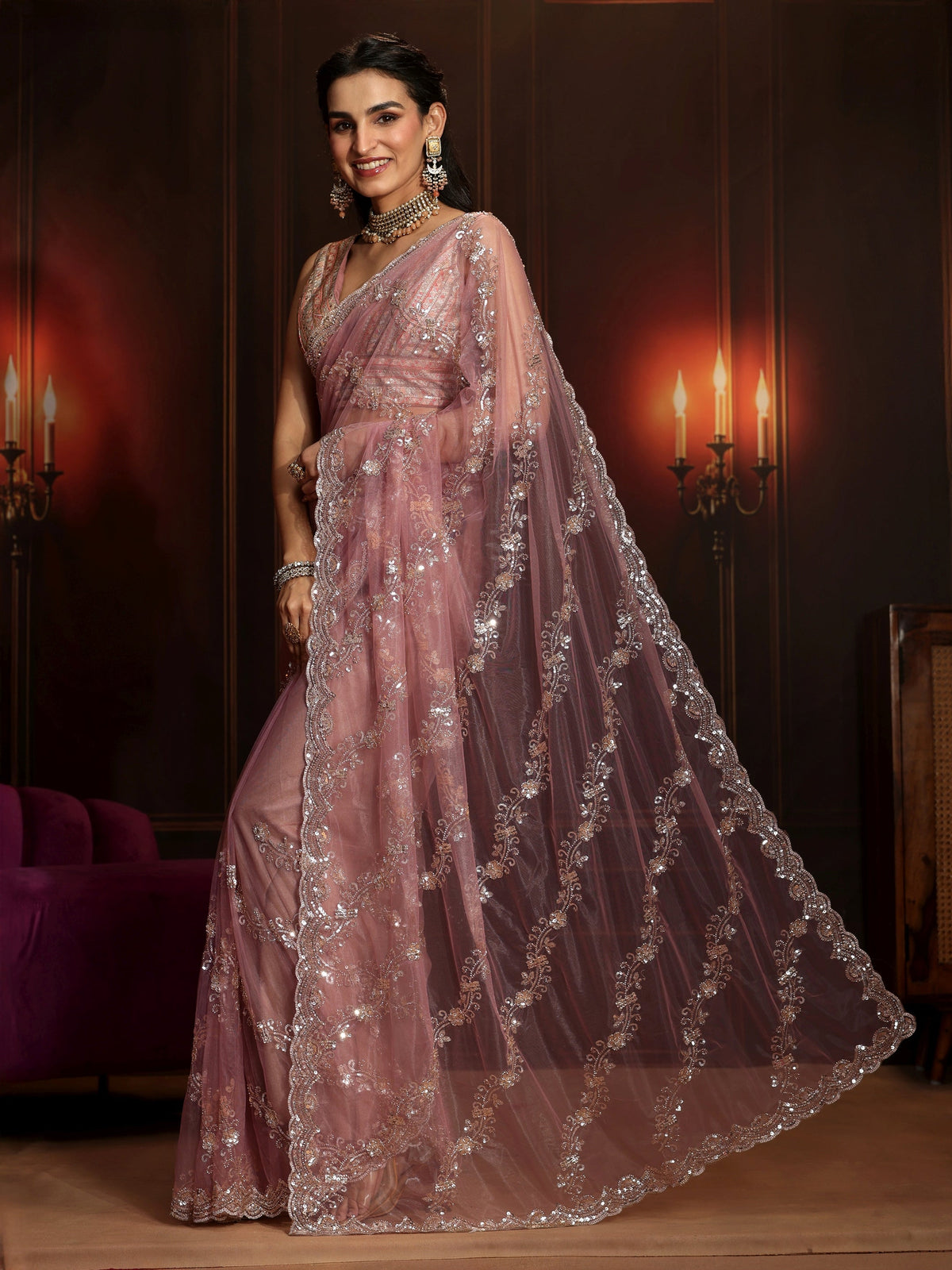 Anouk Art Dusty Rose Pink Embellished Net Saree