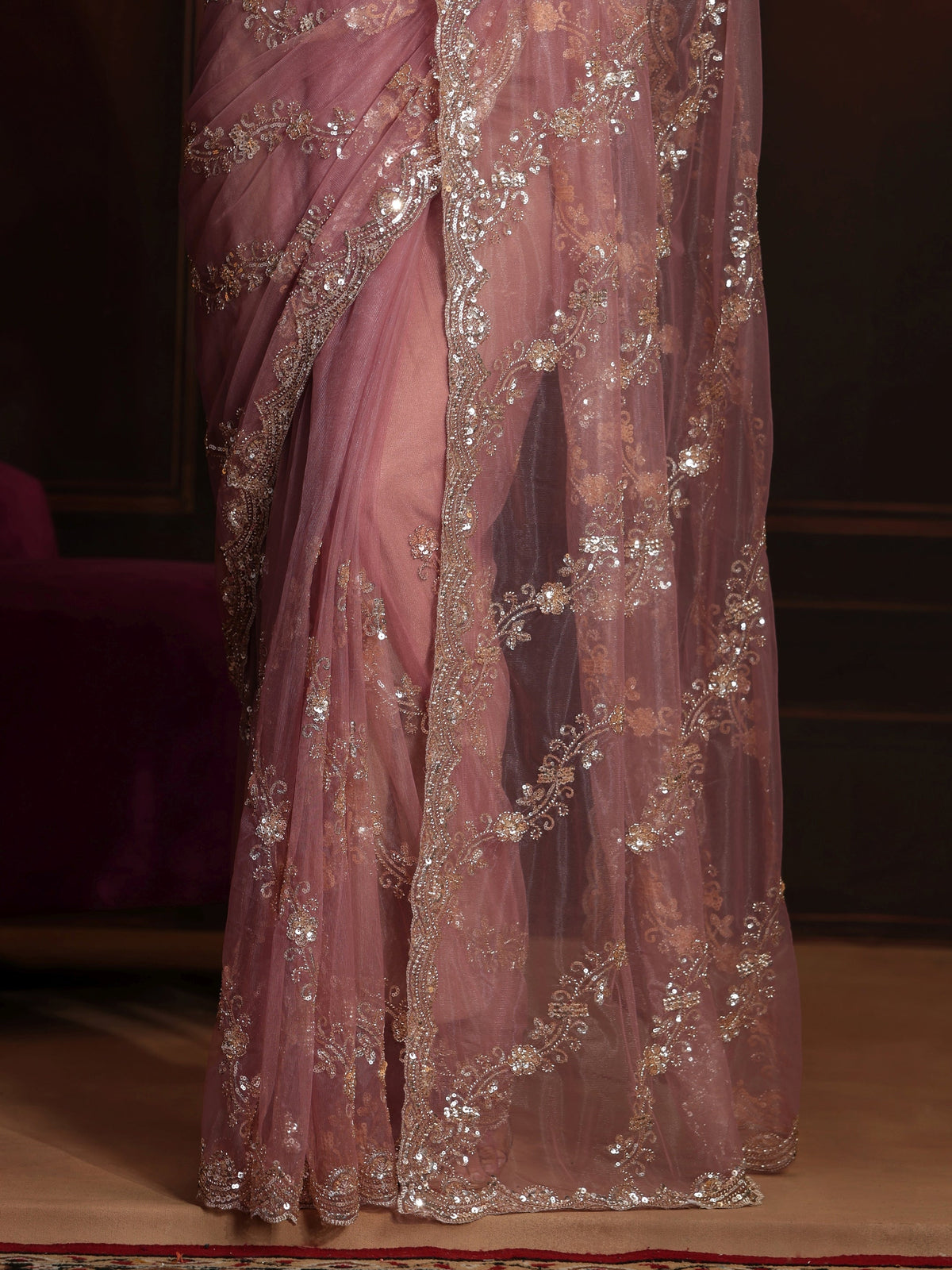 Anouk Art Dusty Rose Pink Embellished Net Saree