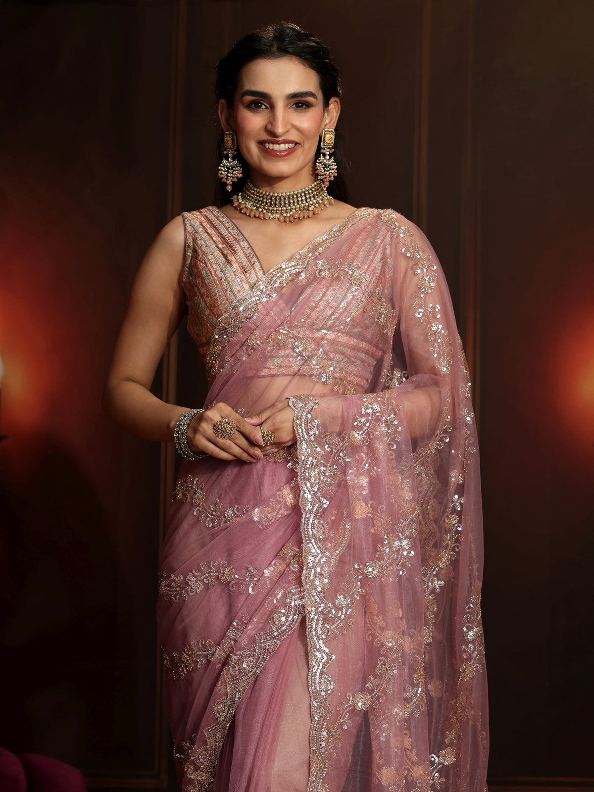 Anouk Art Dusty Rose Pink Embellished Net Saree