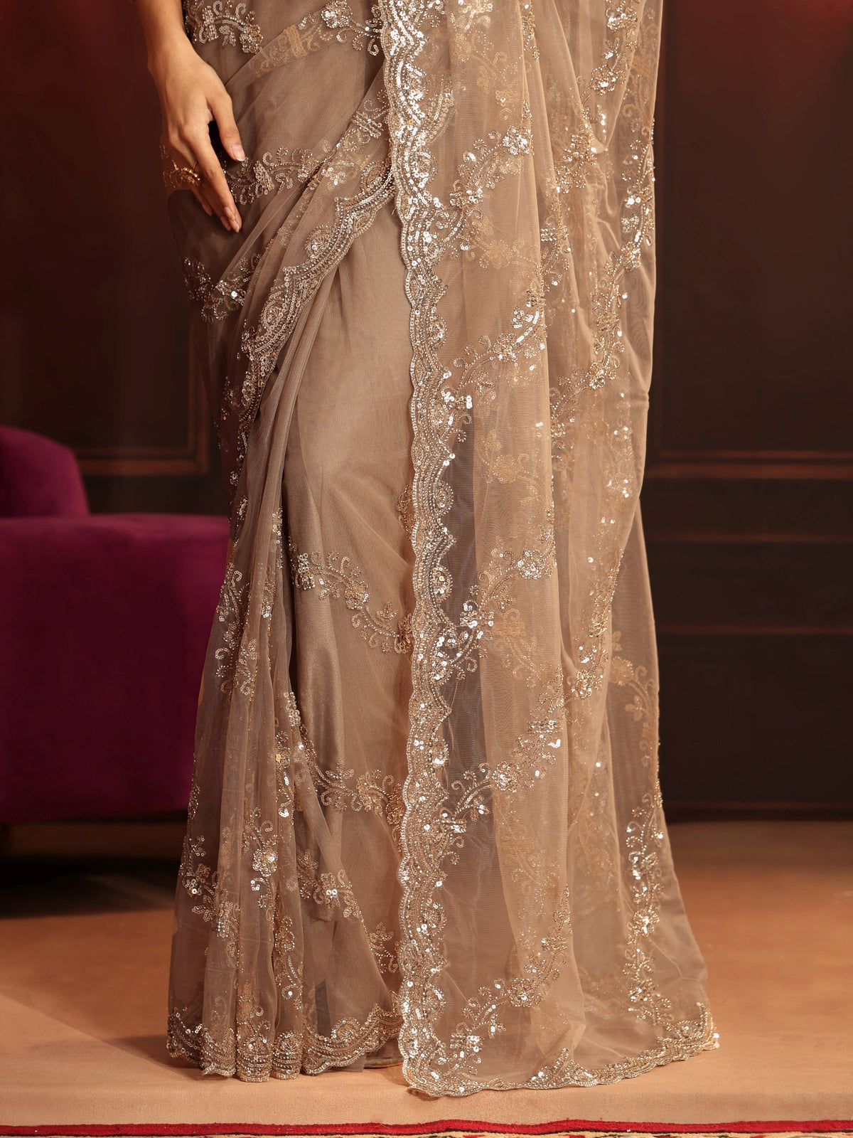 Anouk Art Taupe Embellished Net Saree