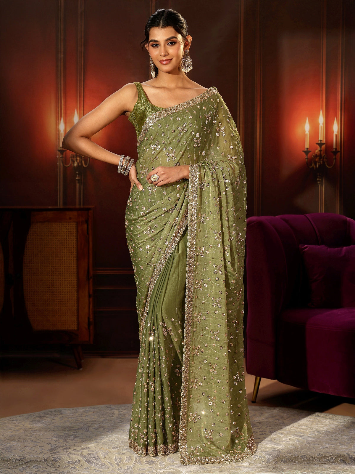 Anouk Art Olive Green Embellished Tissue Saree