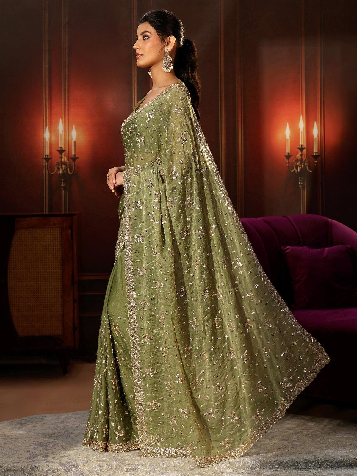 Anouk Art Olive Green Embellished Tissue Saree