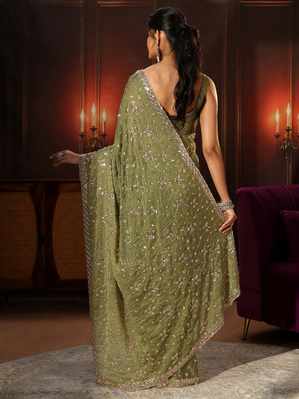 Anouk Art Olive Green Embellished Tissue Saree