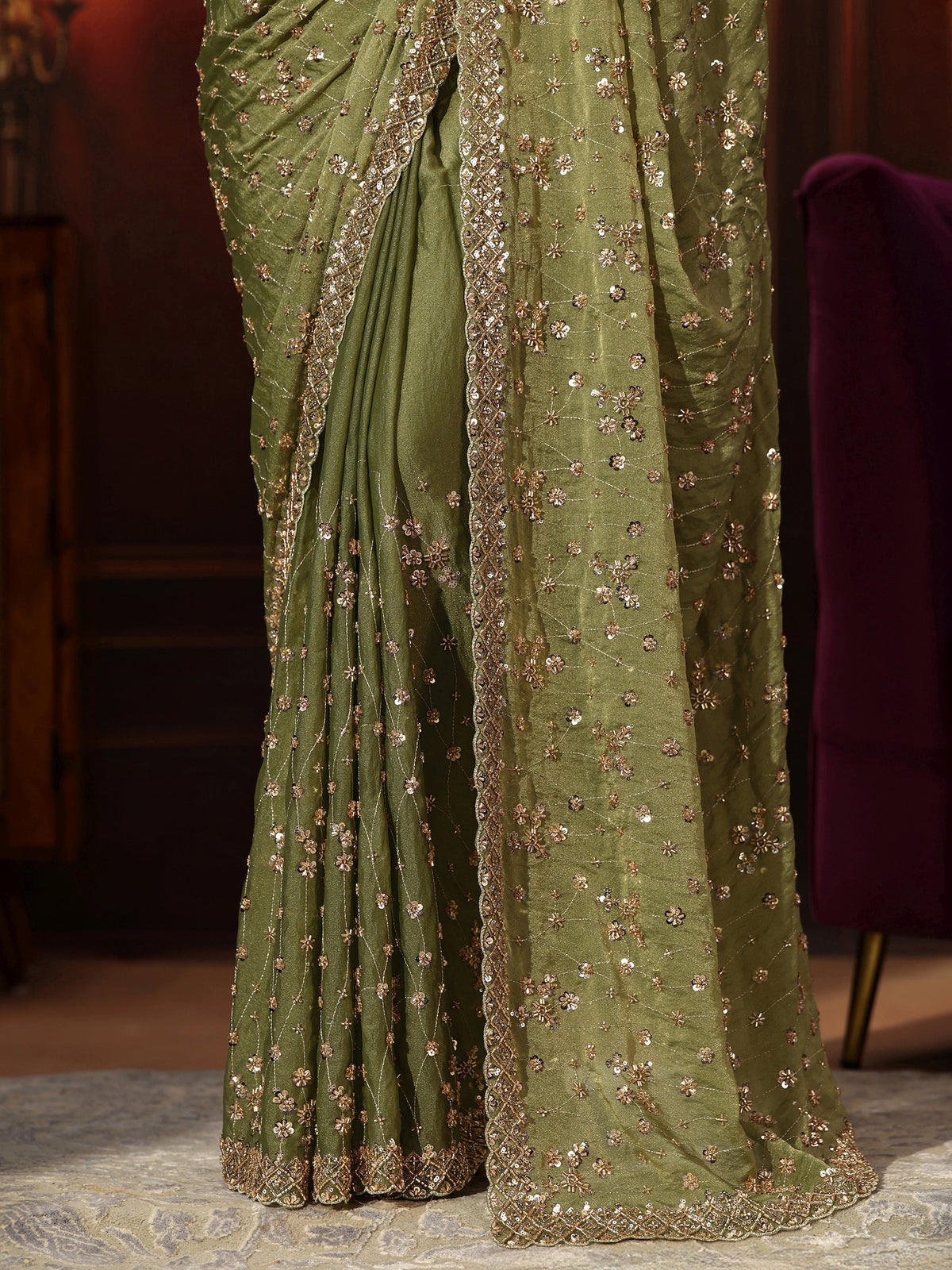 Anouk Art Olive Green Embellished Tissue Saree