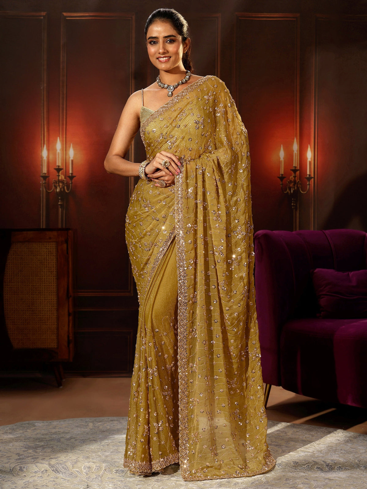 Anouk Art Light Henna Green Embellished Tissue Saree