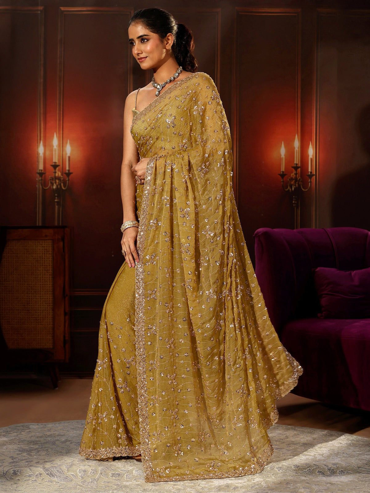 Anouk Art Light Henna Green Embellished Tissue Saree