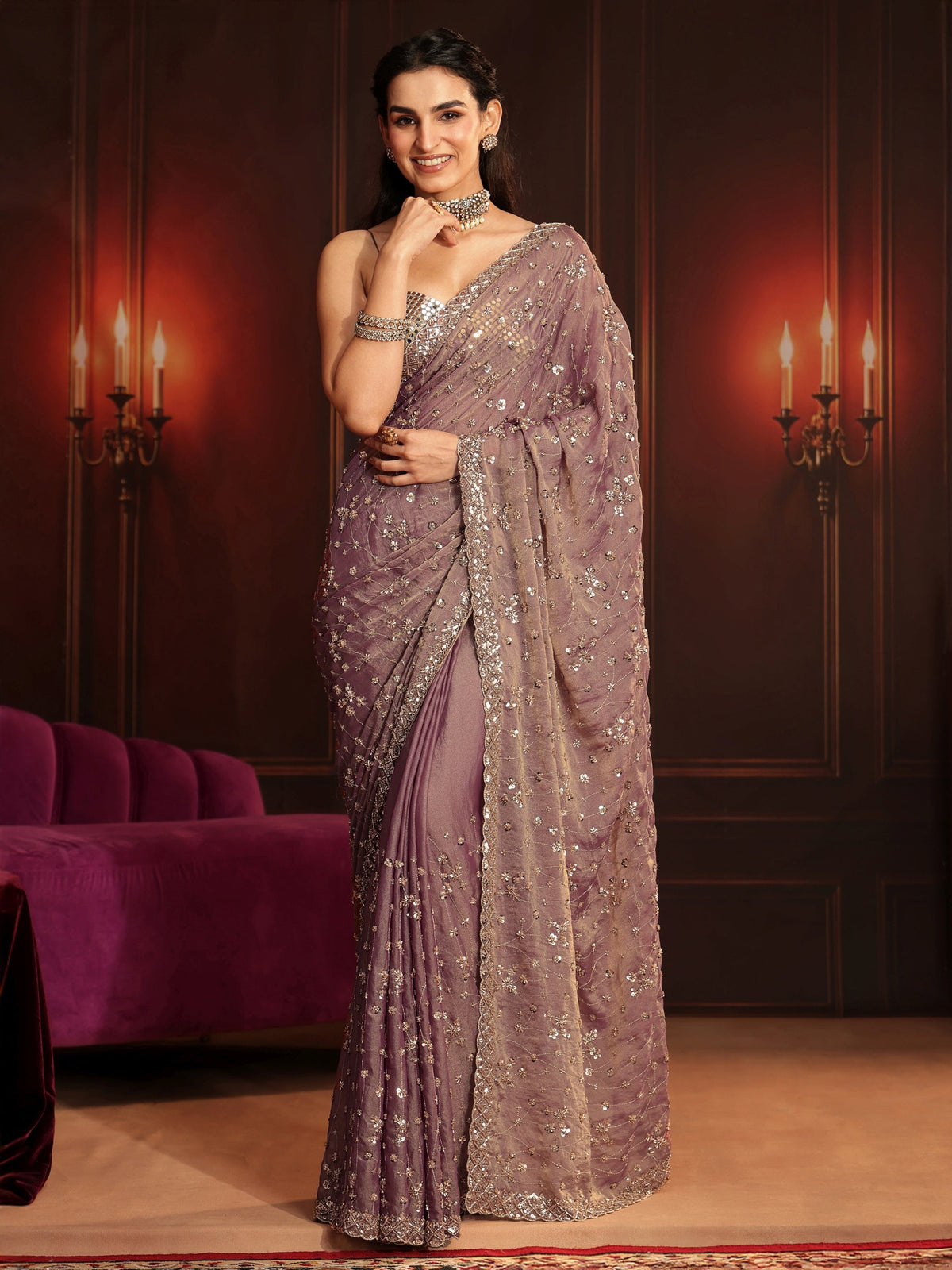 Anouk Art Dusty Lavender Embellished Tissue Saree