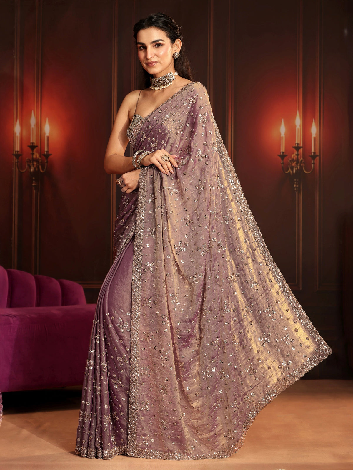 Anouk Art Dusty Lavender Embellished Tissue Saree