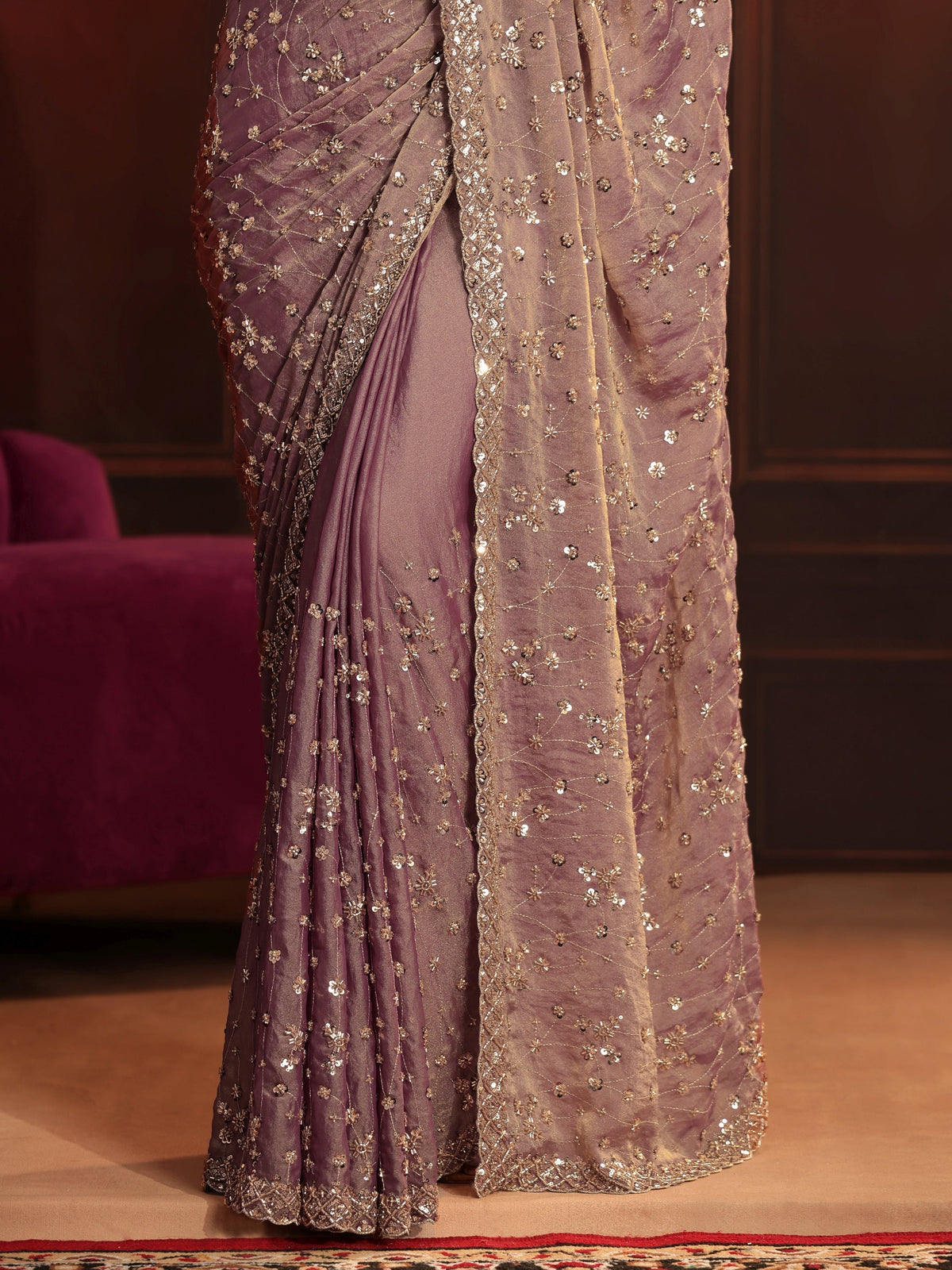 Anouk Art Dusty Lavender Embellished Tissue Saree