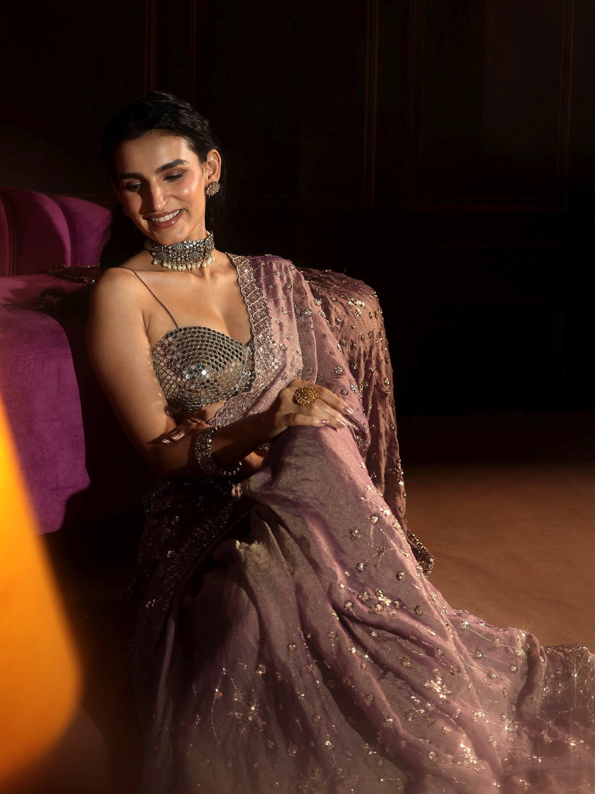 Anouk Art Dusty Lavender Embellished Tissue Saree